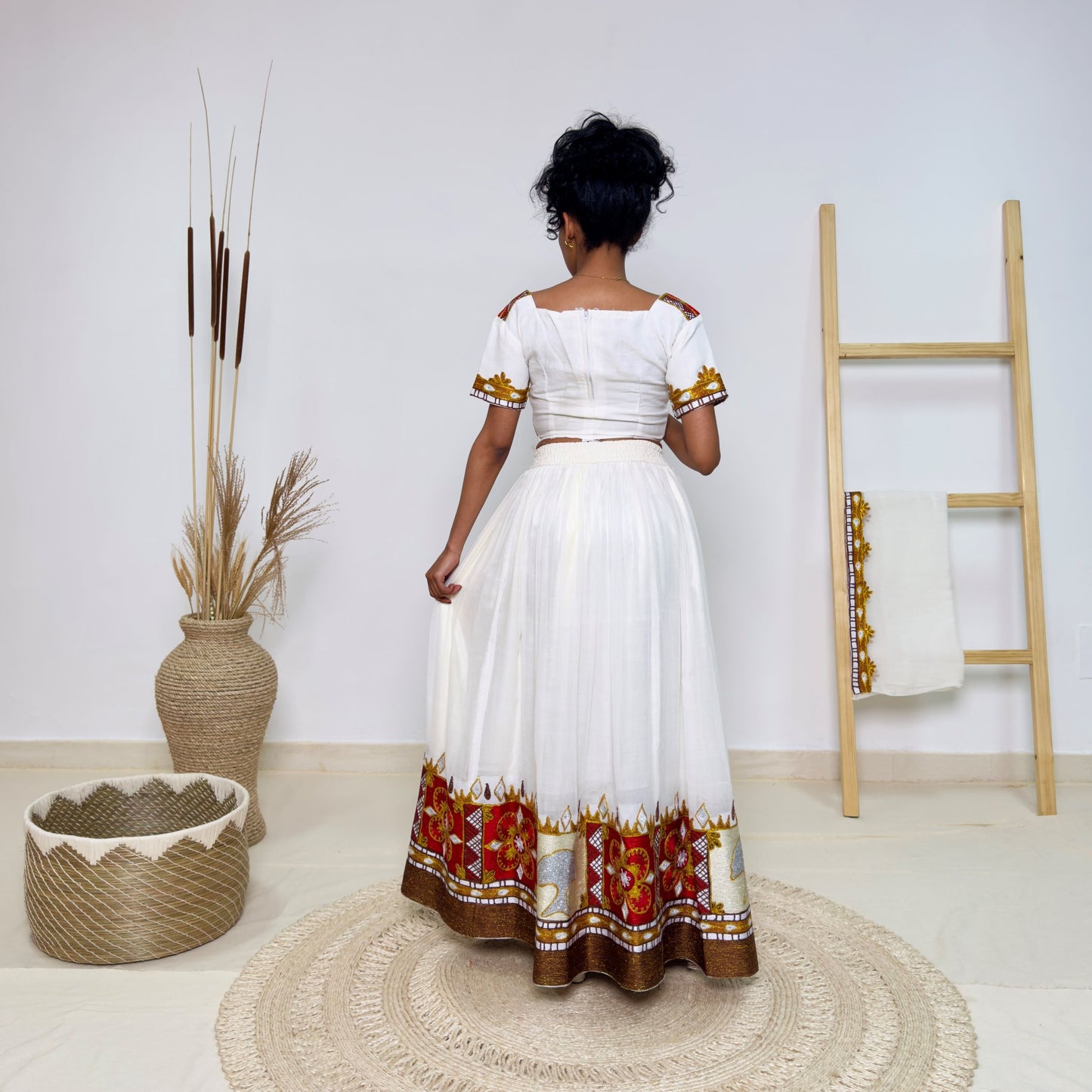 Bold & Colorful Ethiopian Dress | Modern Oromo Dress Handwoven Habesha Kemis with Royal Red & Gold Tibeb Hab179