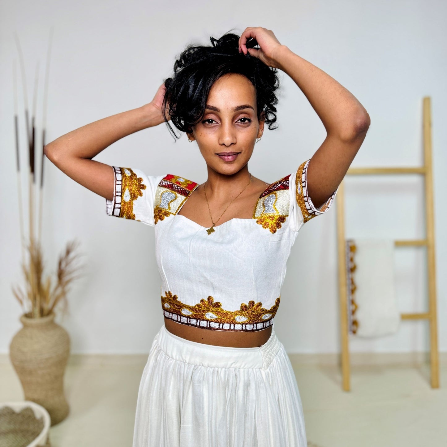 Bold & Colorful Ethiopian Dress | Modern Oromo Dress Handwoven Habesha Kemis with Royal Red & Gold Tibeb Hab179
