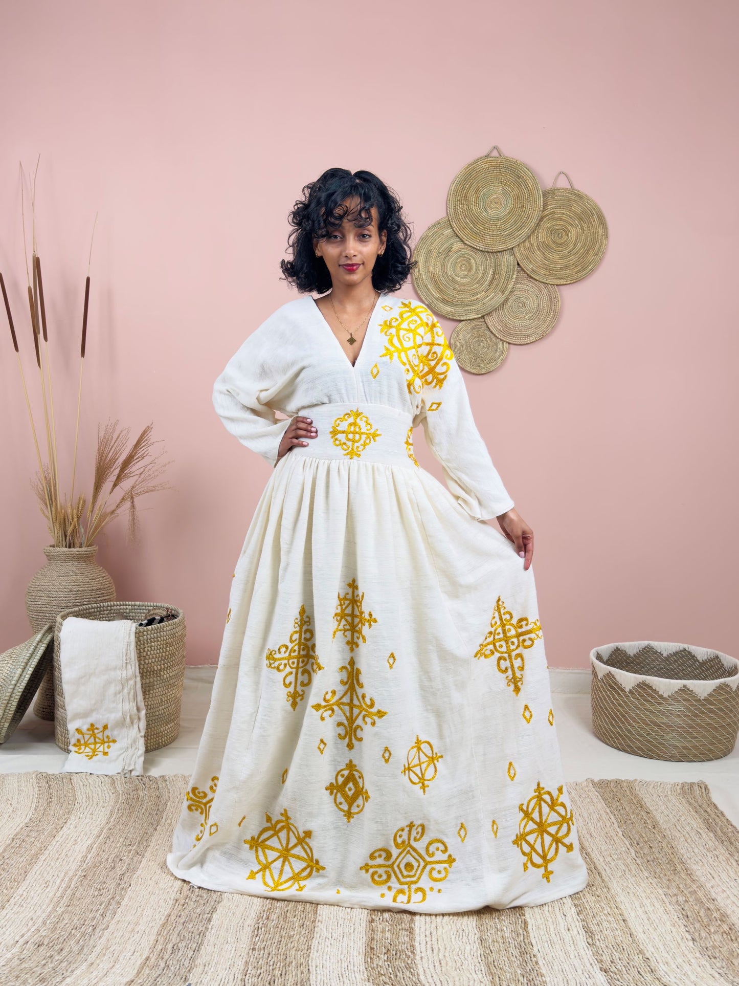 Statement Yellow Print Habesha Dress | Wide Belt Design Hab228