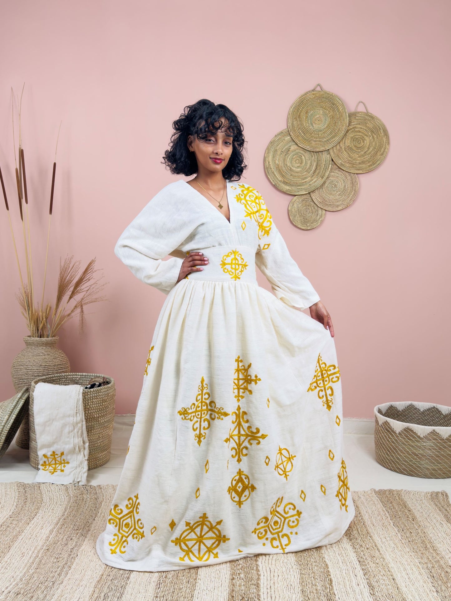 Statement Yellow Print Habesha Dress | Wide Belt Design Hab228