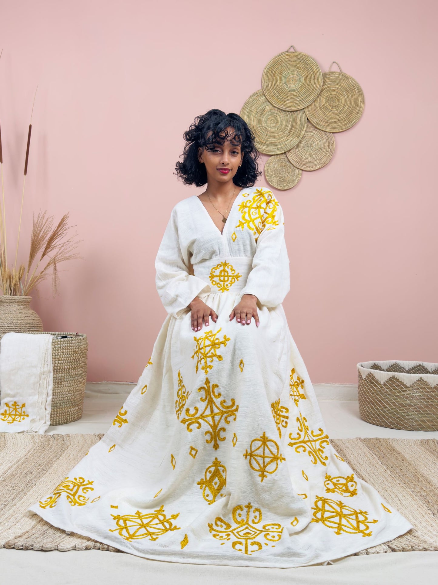 Statement Yellow Print Habesha Dress | Wide Belt Design Hab228