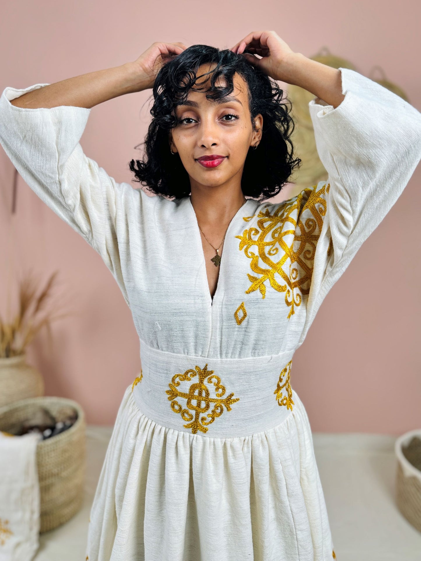Statement Yellow Print Habesha Dress | Wide Belt Design Hab228