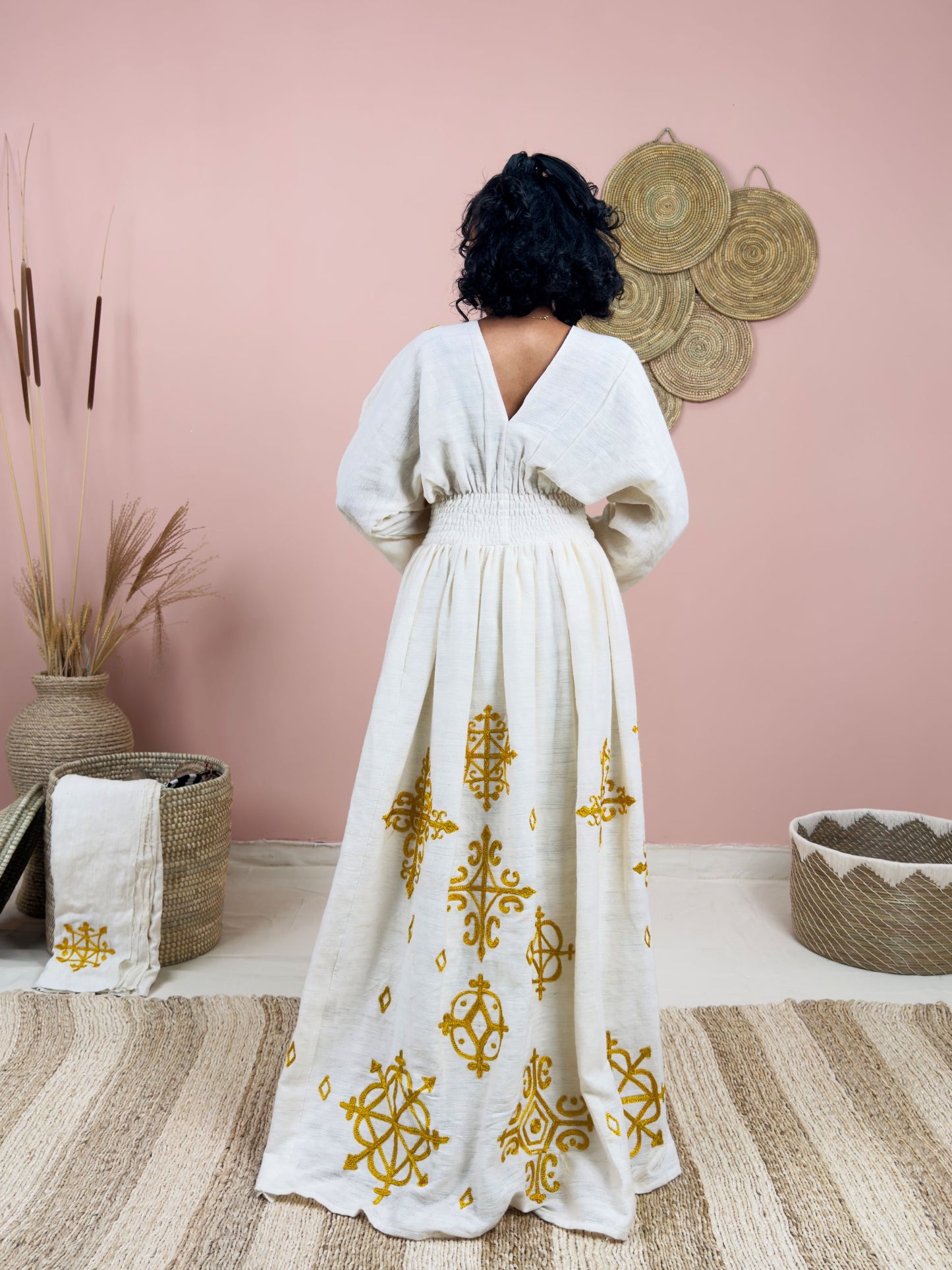 Statement Yellow Print Habesha Dress | Wide Belt Design Hab228