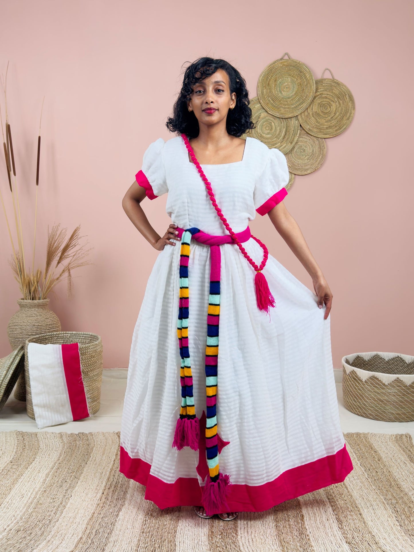 Gorgeous Handwoven White Dress | Vibrant Pink Accents & Colorful Shemma Belt | Traditional Habesha Kemis Hab151