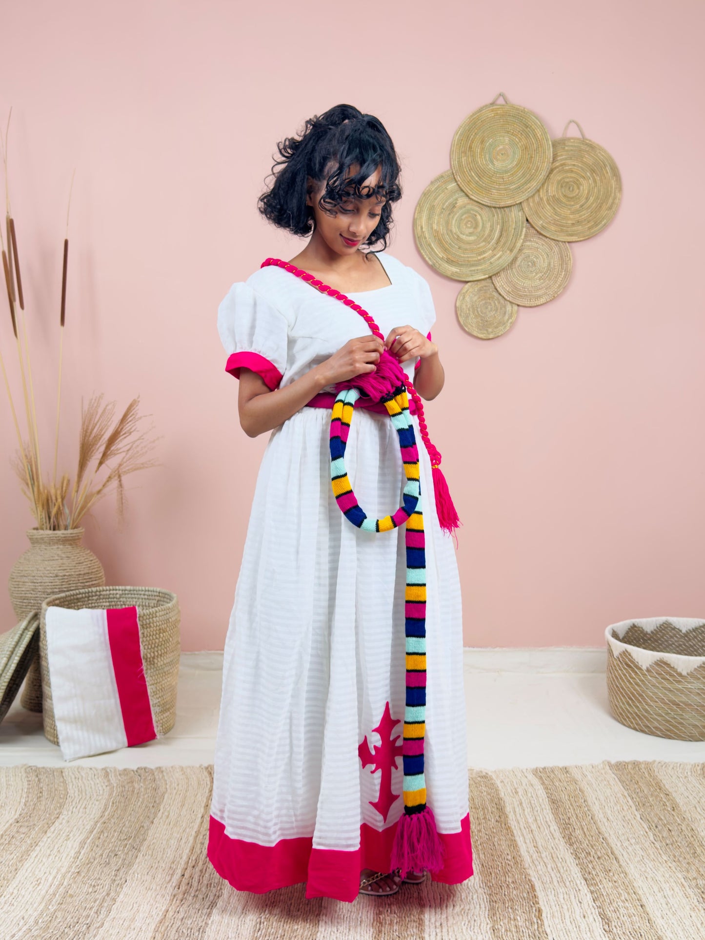 Gorgeous Handwoven White Dress | Vibrant Pink Accents & Colorful Shemma Belt | Traditional Habesha Kemis Hab151