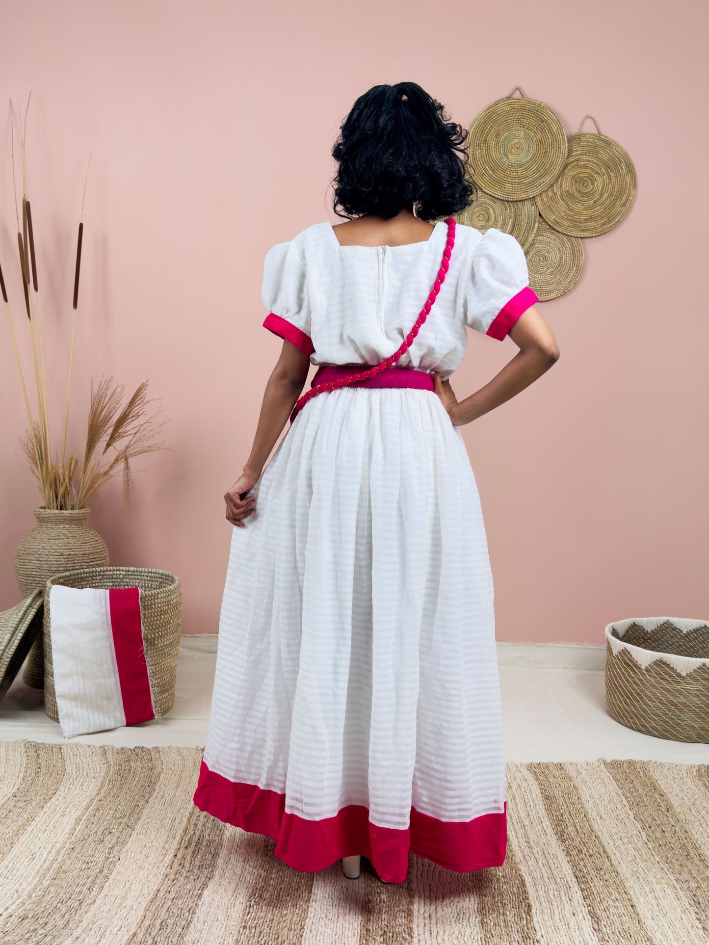 Gorgeous Handwoven White Dress | Vibrant Pink Accents & Colorful Shemma Belt | Traditional Habesha Kemis Hab151