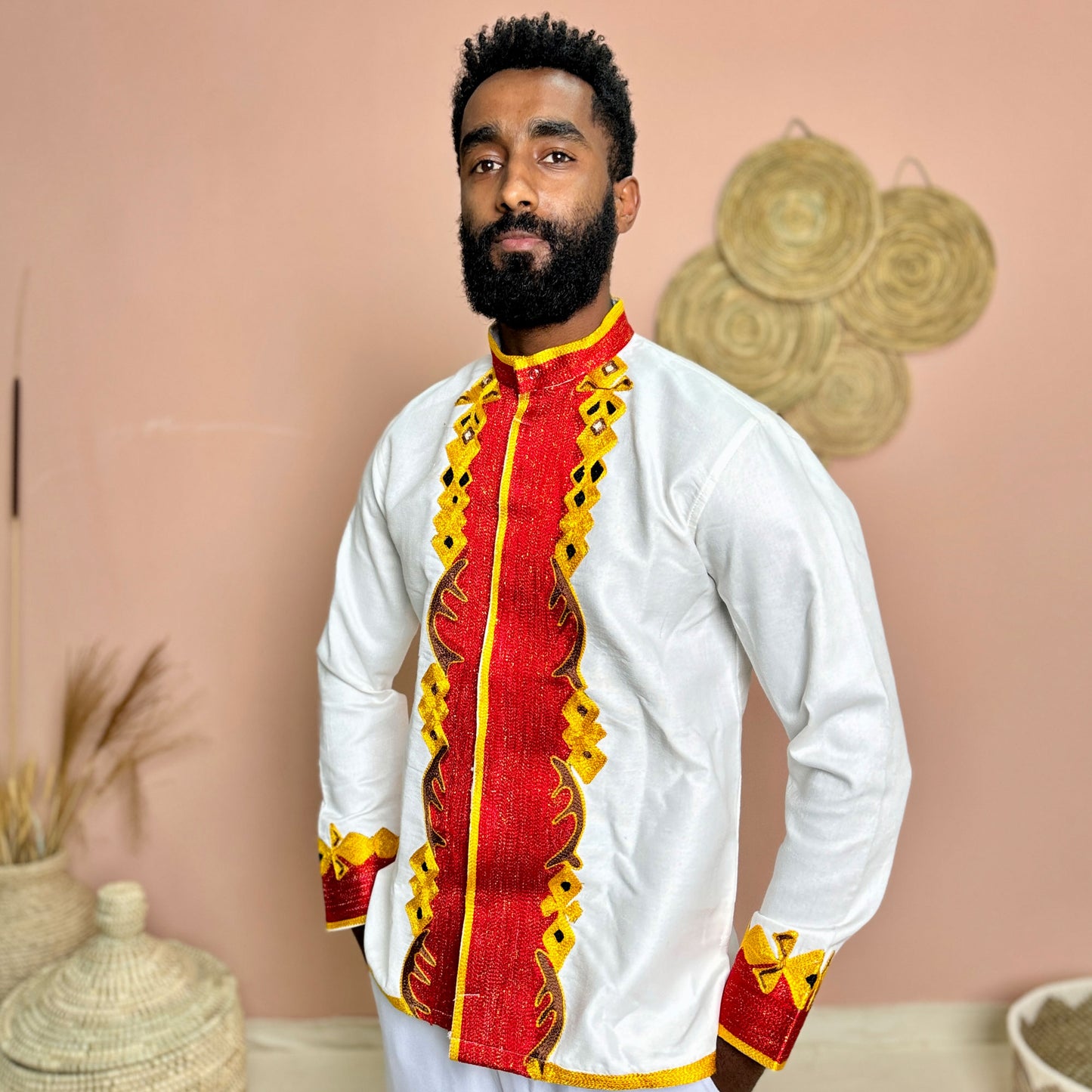 Men’s Habesha Shirt | Red & Gold Embroidery Shirt | Weddings & Cultural Shirt | Handmade Habesha Shirt Hab71