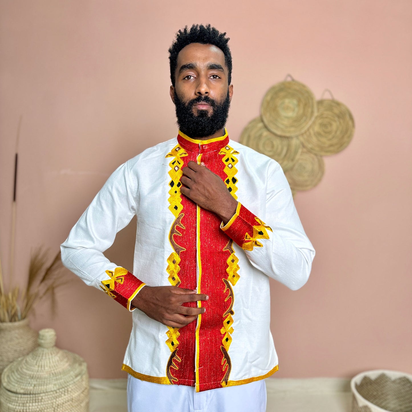 Men’s Habesha Shirt | Red & Gold Embroidery Shirt | Weddings & Cultural Shirt | Handmade Habesha Shirt Hab71