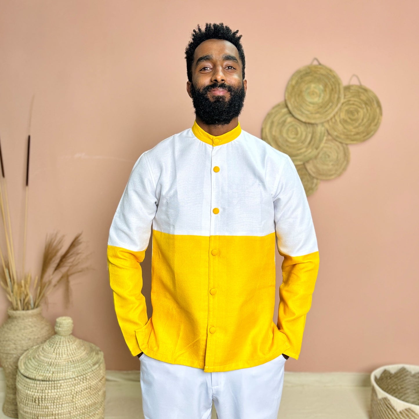Bold, Modern & Unapologetically Ethiopian | Habesha Men’s Shirt | Handcrafted Color-Block Top in Yellow and White | Hab162