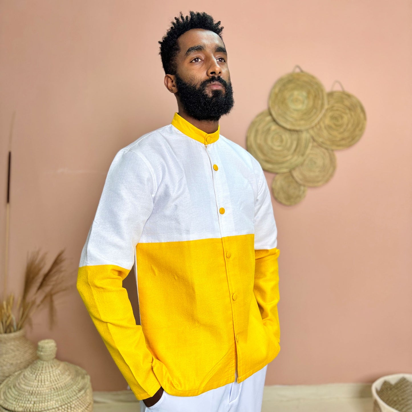 Bold, Modern & Unapologetically Ethiopian | Habesha Men’s Shirt | Handcrafted Color-Block Top in Yellow and White | Hab162
