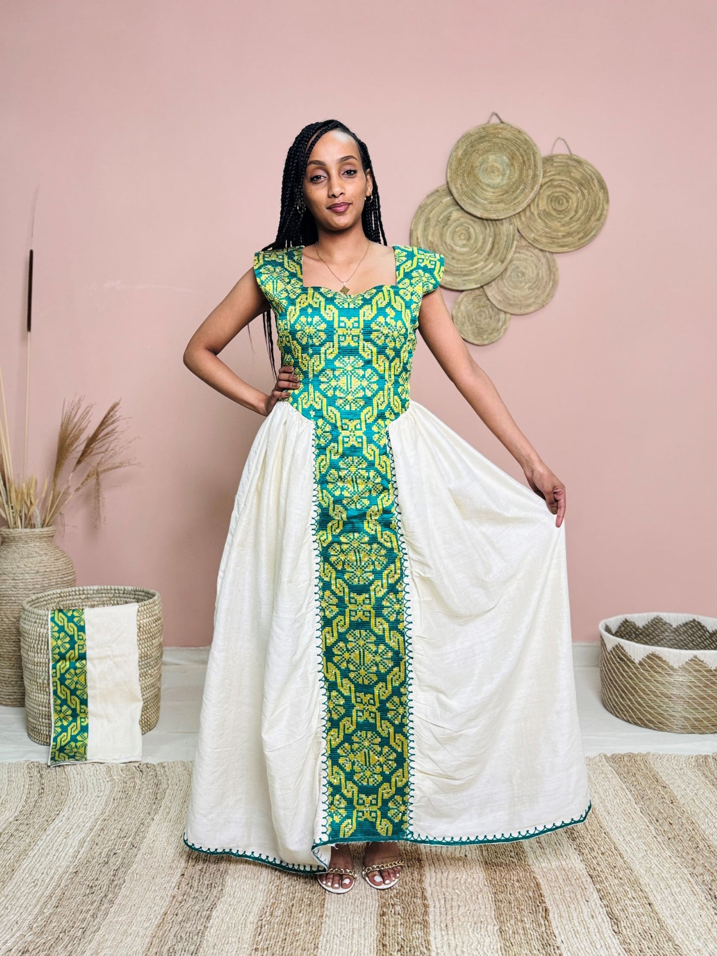 Green & Yellow Sleeveless Traditional Dress | Handwoven Ethiopian Habesha Kemis | Cultural Celebration Outfit | Artisan-Made Heritage Wear Hab173