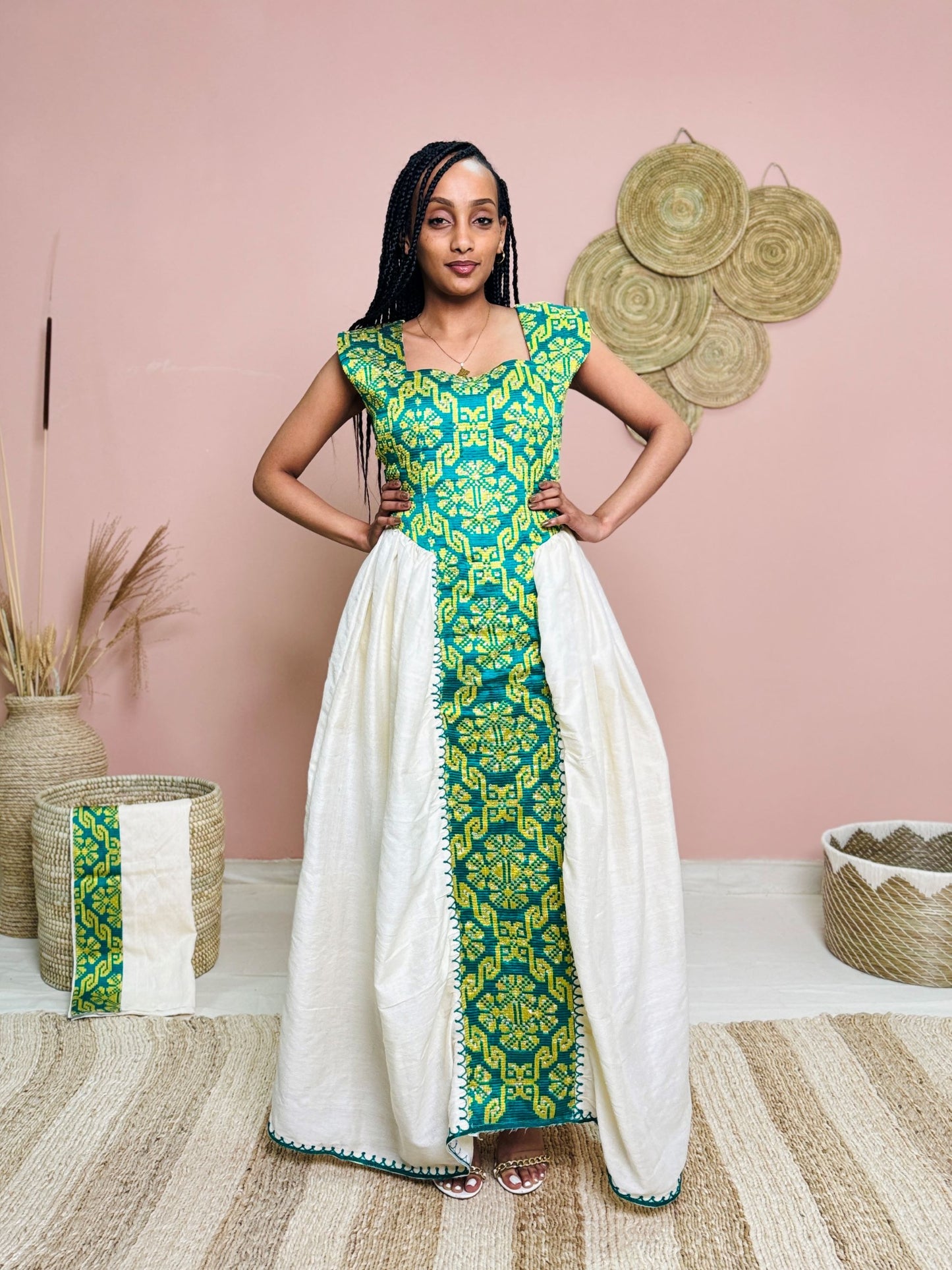 Green & Yellow Sleeveless Traditional Dress | Handwoven Ethiopian Habesha Kemis | Cultural Celebration Outfit | Artisan-Made Heritage Wear Hab173