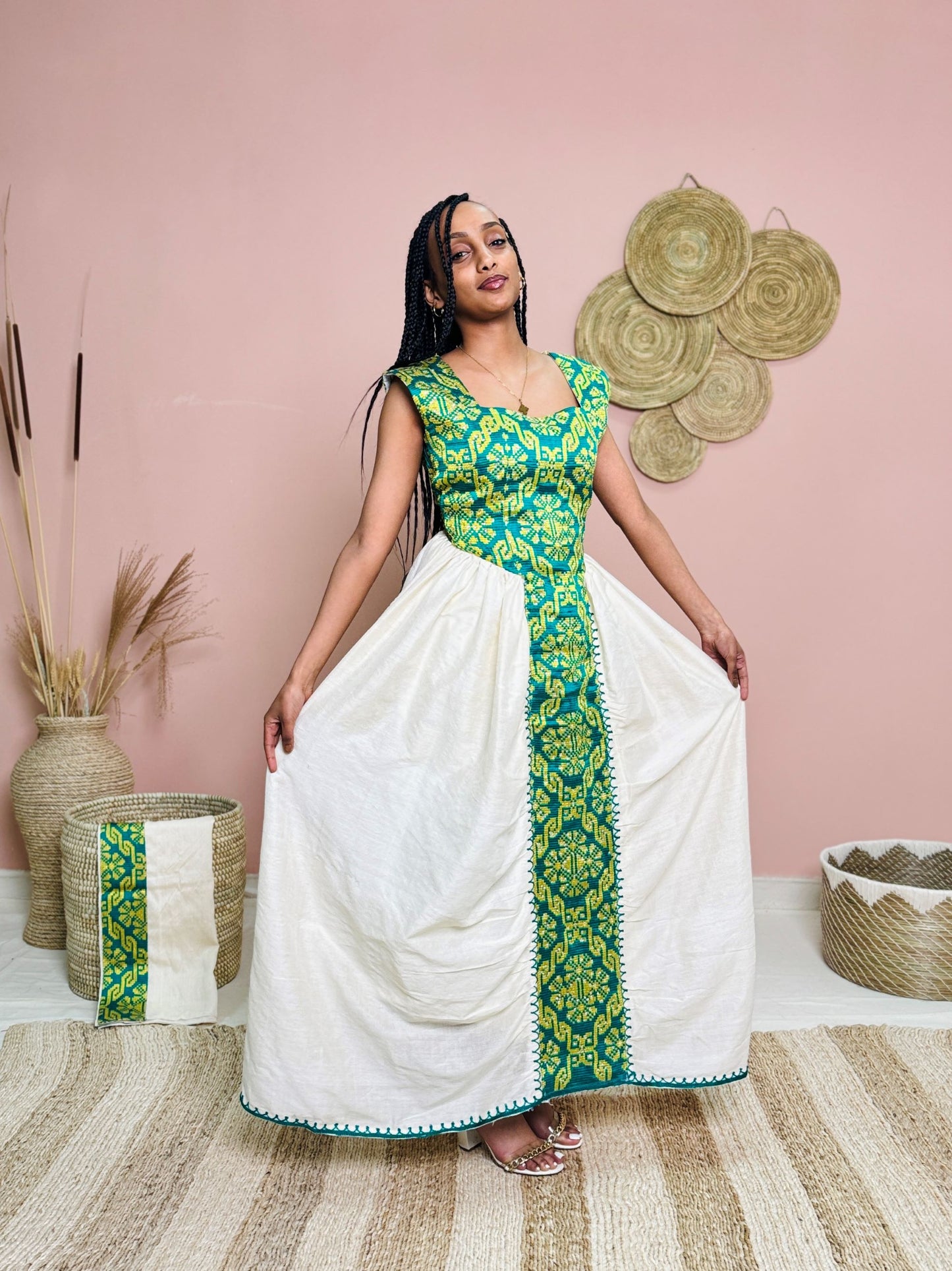 Green & Yellow Sleeveless Traditional Dress | Handwoven Ethiopian Habesha Kemis | Cultural Celebration Outfit | Artisan-Made Heritage Wear Hab173
