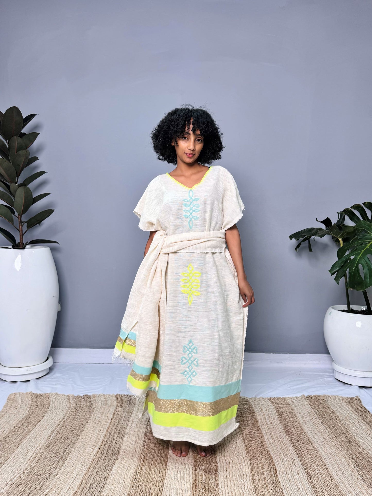 Coffee Dress | Elegant Half-Sleeve Design | Cultural Celebrations & Special Occasions | Lemon Green with Intricate Details| Ethiopian Dress Hab125