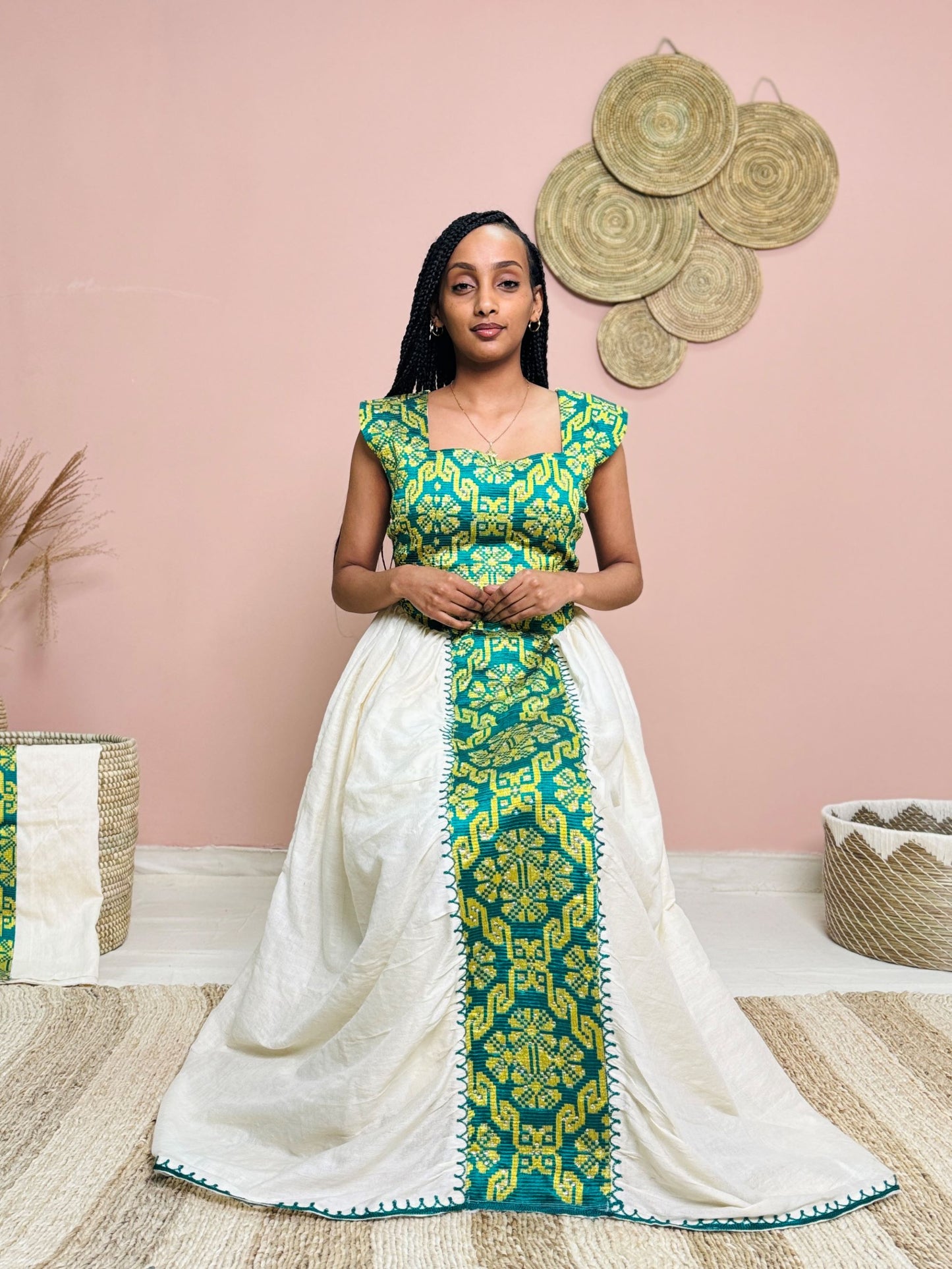 Green & Yellow Sleeveless Traditional Dress | Handwoven Ethiopian Habesha Kemis | Cultural Celebration Outfit | Artisan-Made Heritage Wear Hab173