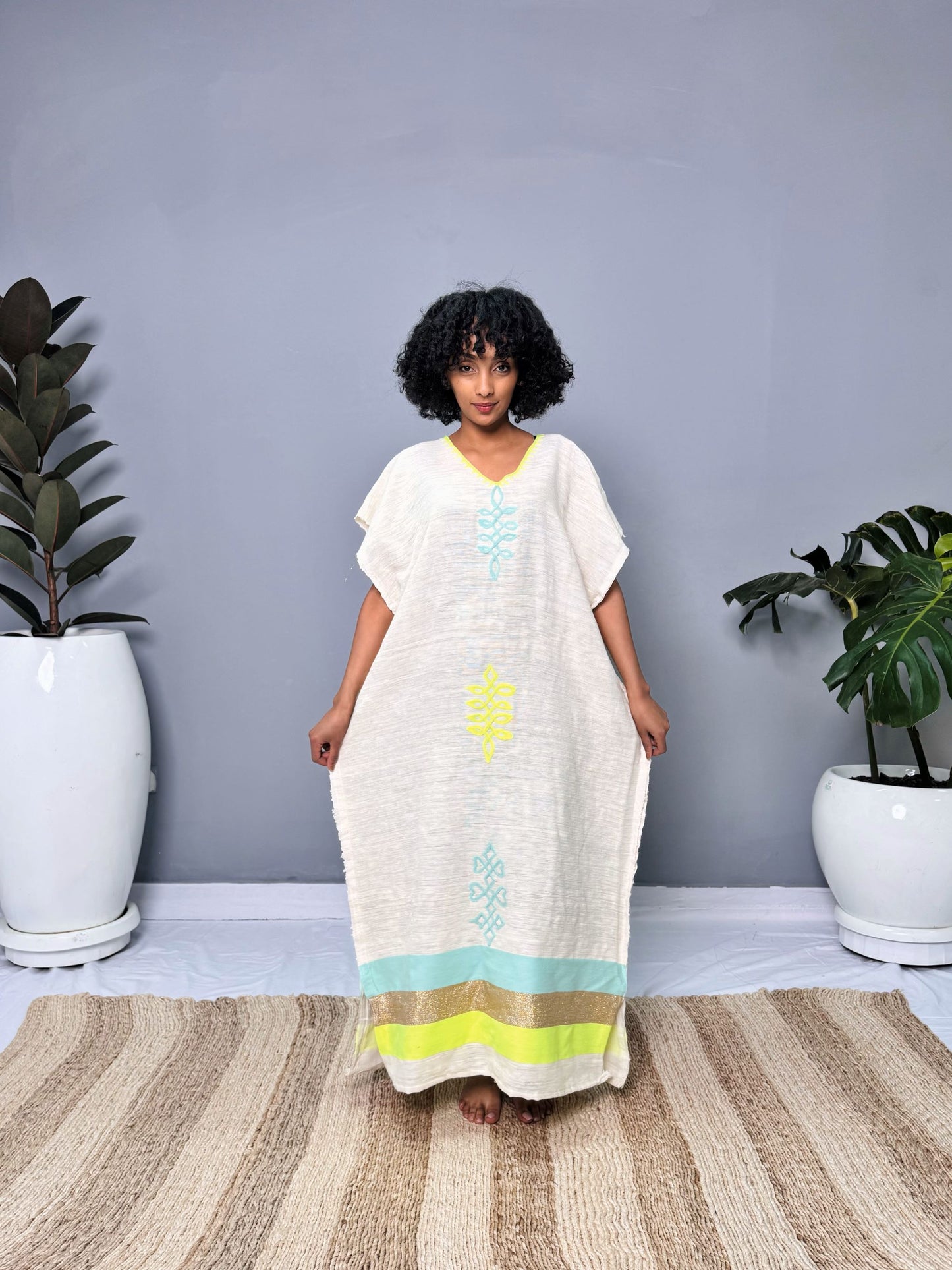 Coffee Dress | Elegant Half-Sleeve Design | Cultural Celebrations & Special Occasions | Lemon Green with Intricate Details| Ethiopian Dress Hab125