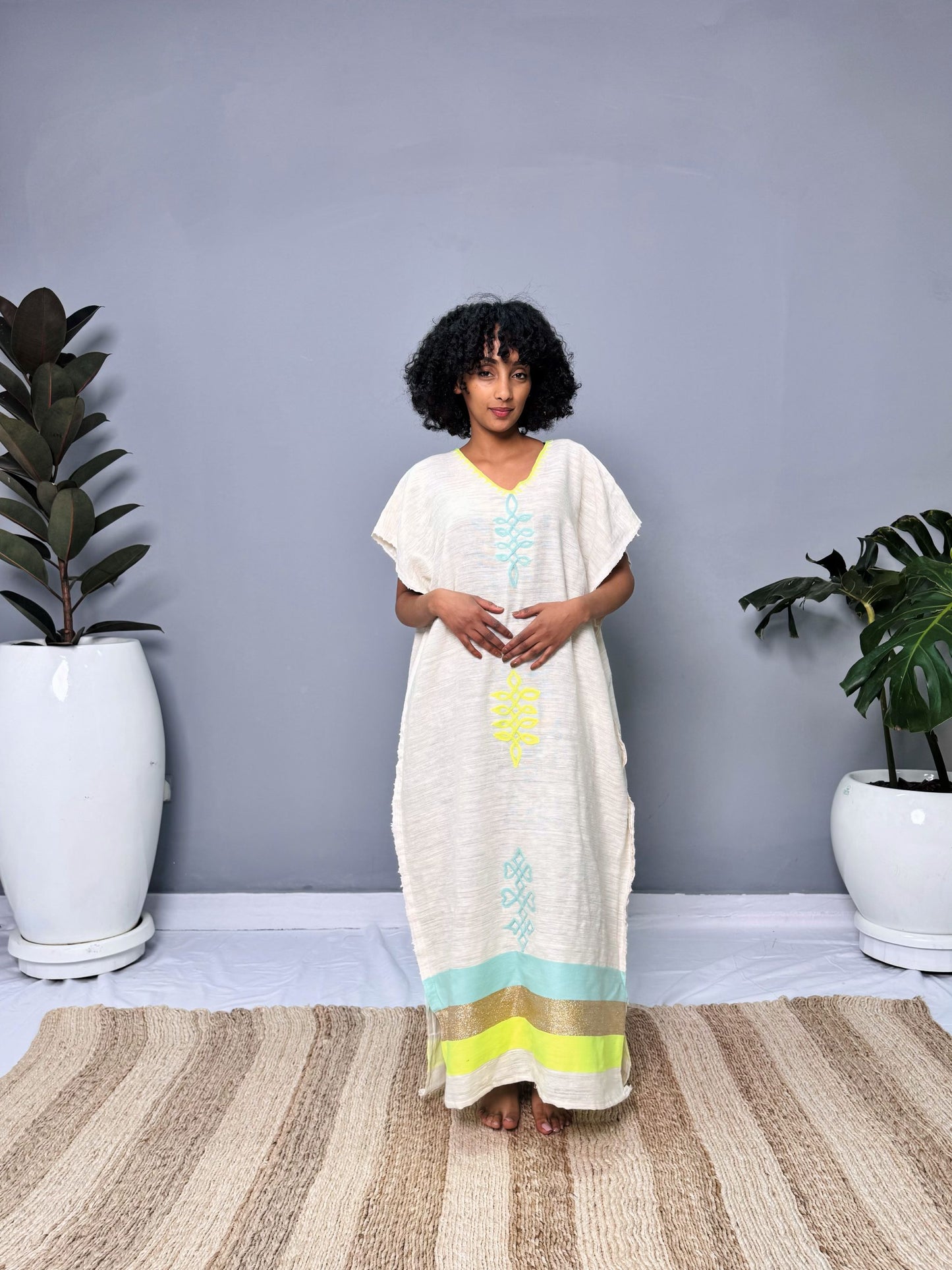 Coffee Dress | Elegant Half-Sleeve Design | Cultural Celebrations & Special Occasions | Lemon Green with Intricate Details| Ethiopian Dress Hab125