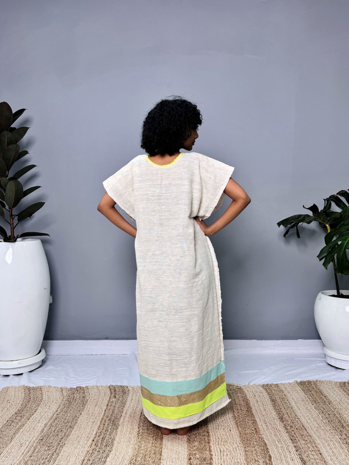 Coffee Dress | Elegant Half-Sleeve Design | Cultural Celebrations & Special Occasions | Lemon Green with Intricate Details| Ethiopian Dress Hab125