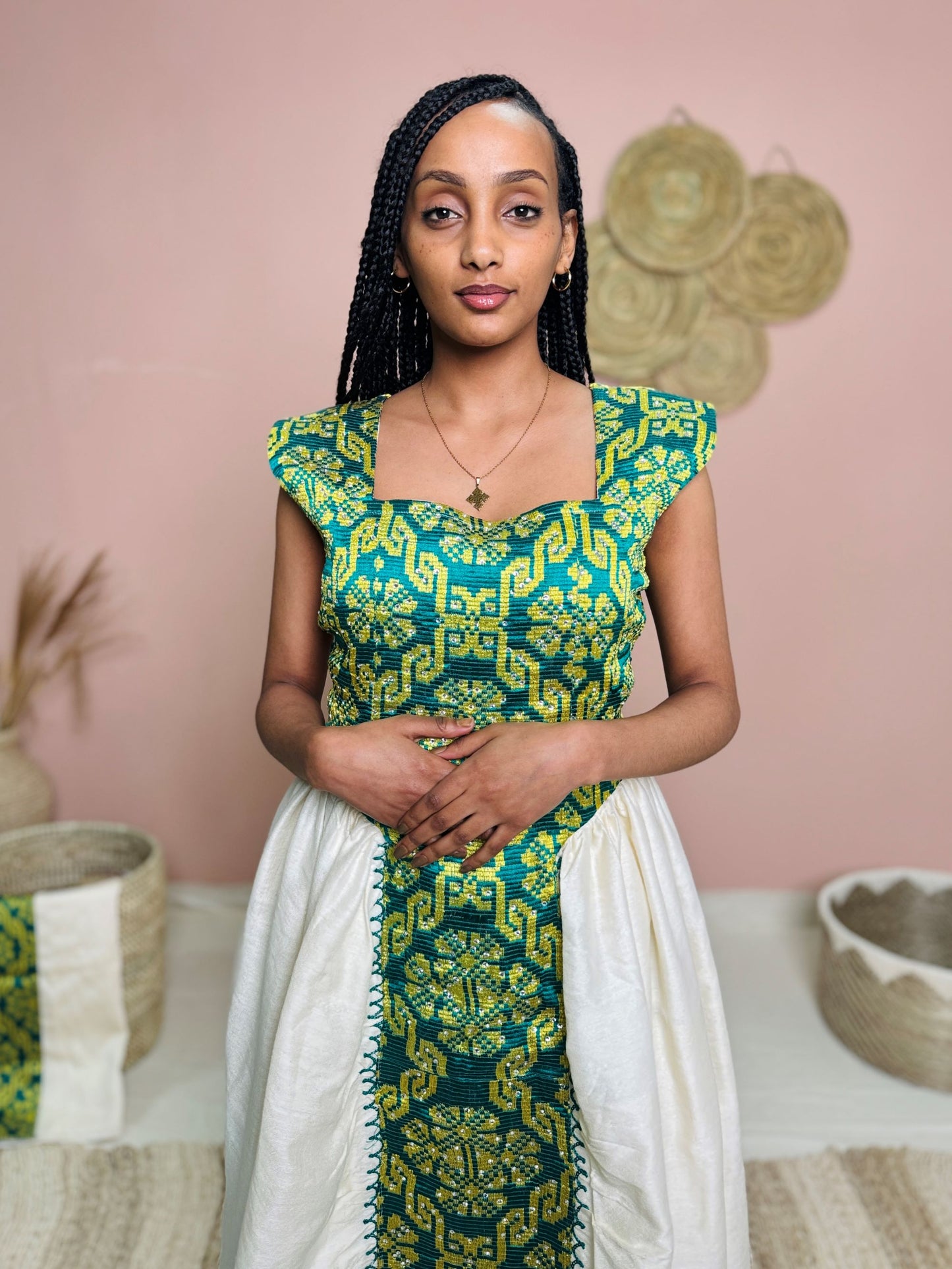 Green & Yellow Sleeveless Traditional Dress | Handwoven Ethiopian Habesha Kemis | Cultural Celebration Outfit | Artisan-Made Heritage Wear Hab173