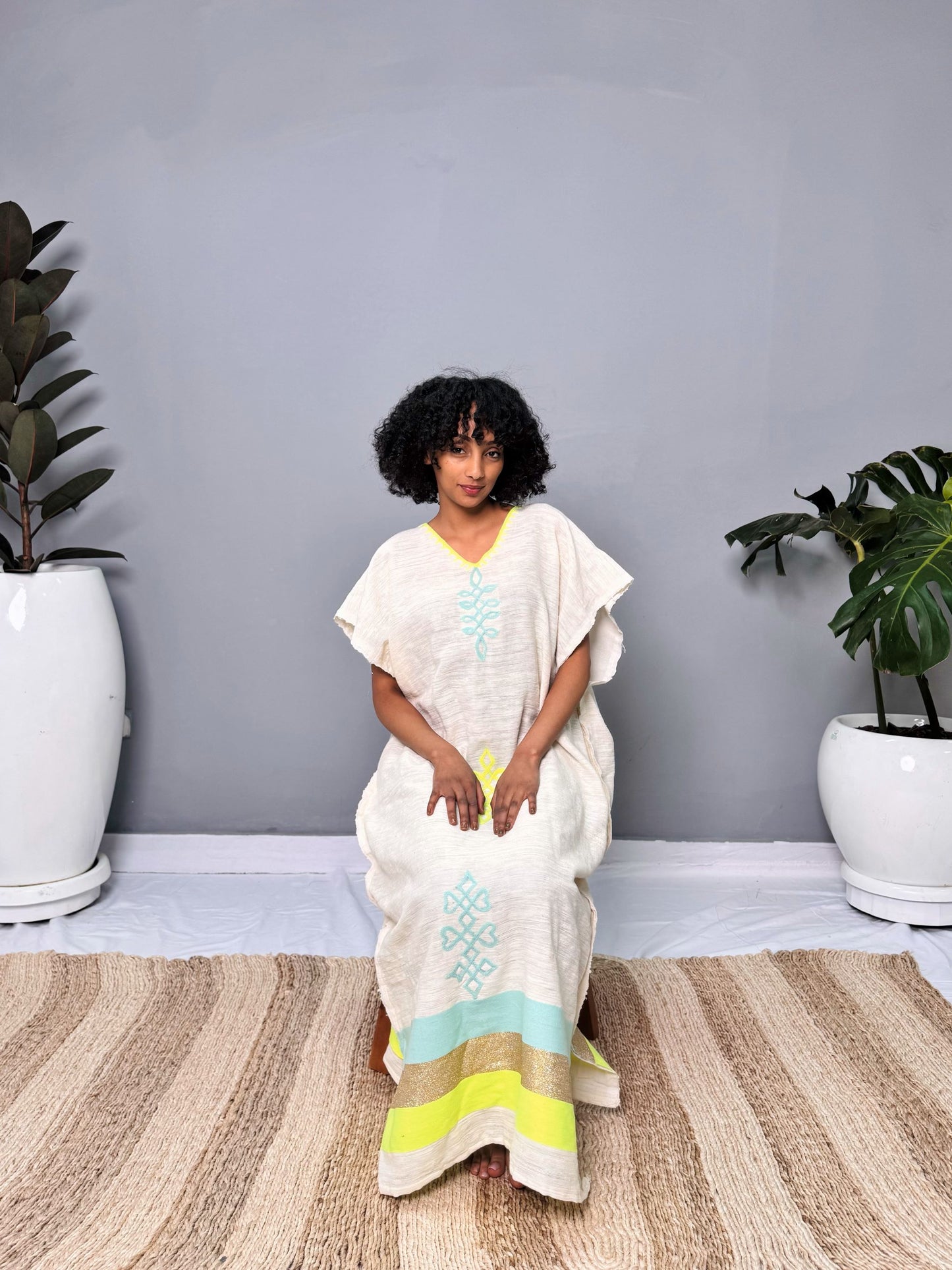 Coffee Dress | Elegant Half-Sleeve Design | Cultural Celebrations & Special Occasions | Lemon Green with Intricate Details| Ethiopian Dress Hab125