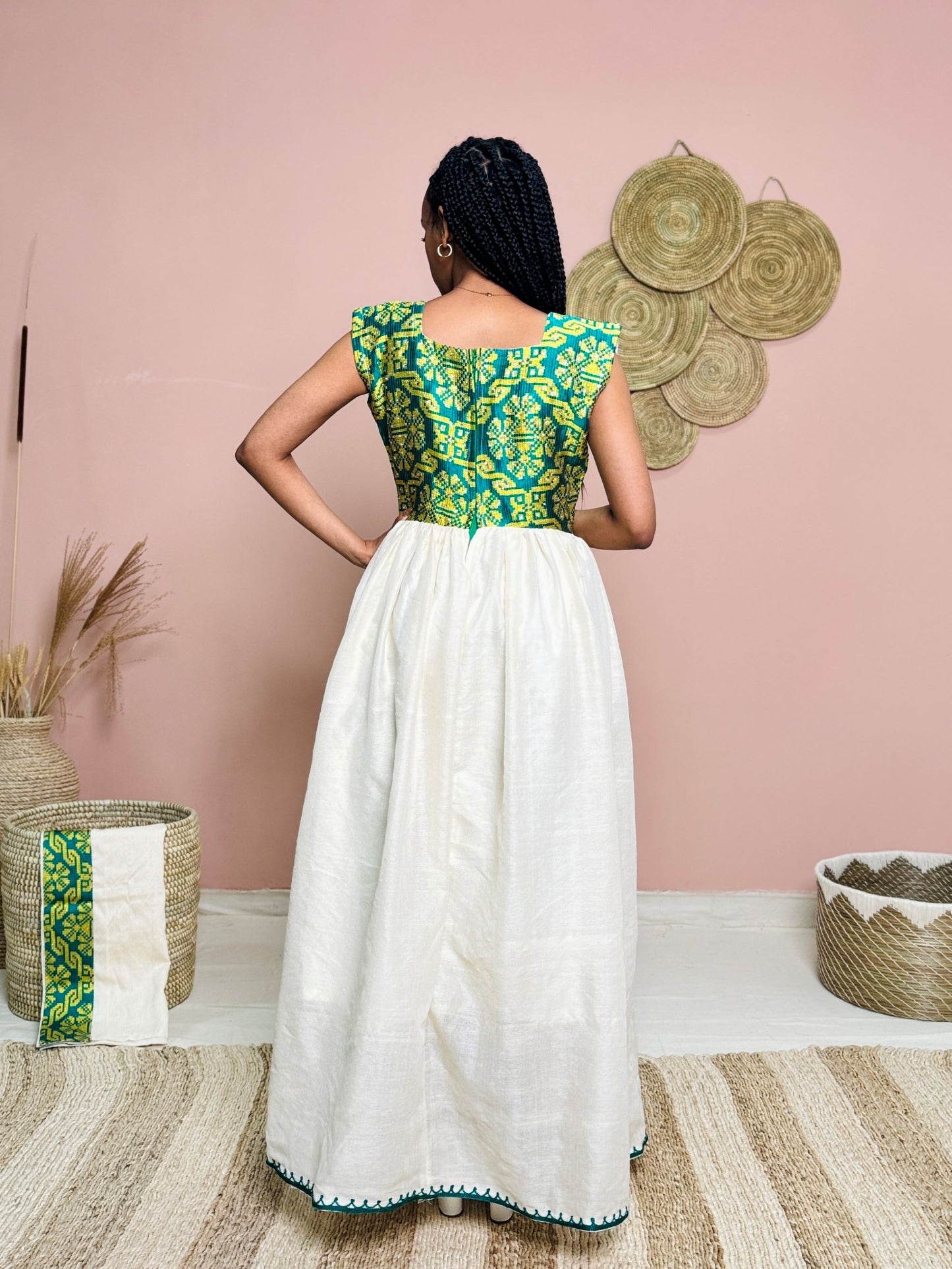 Green & Yellow Sleeveless Traditional Dress | Handwoven Ethiopian Habesha Kemis | Cultural Celebration Outfit | Artisan-Made Heritage Wear Hab173