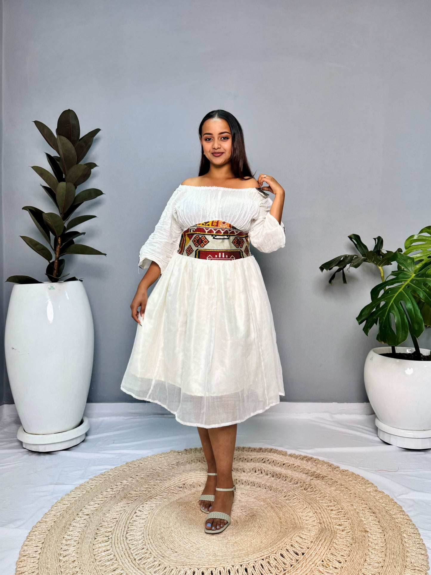 Modern Off-Shoulder Habesha Kemis | Minimalist Ethiopian Dress Hab136