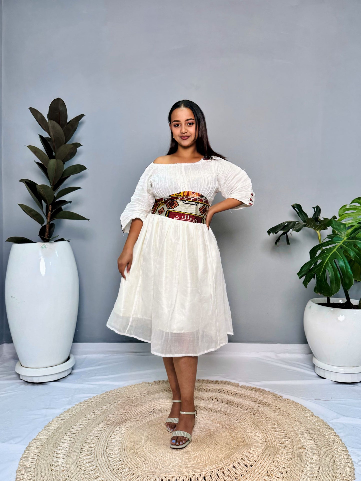 Modern Off-Shoulder Habesha Kemis | Minimalist Ethiopian Dress Hab136