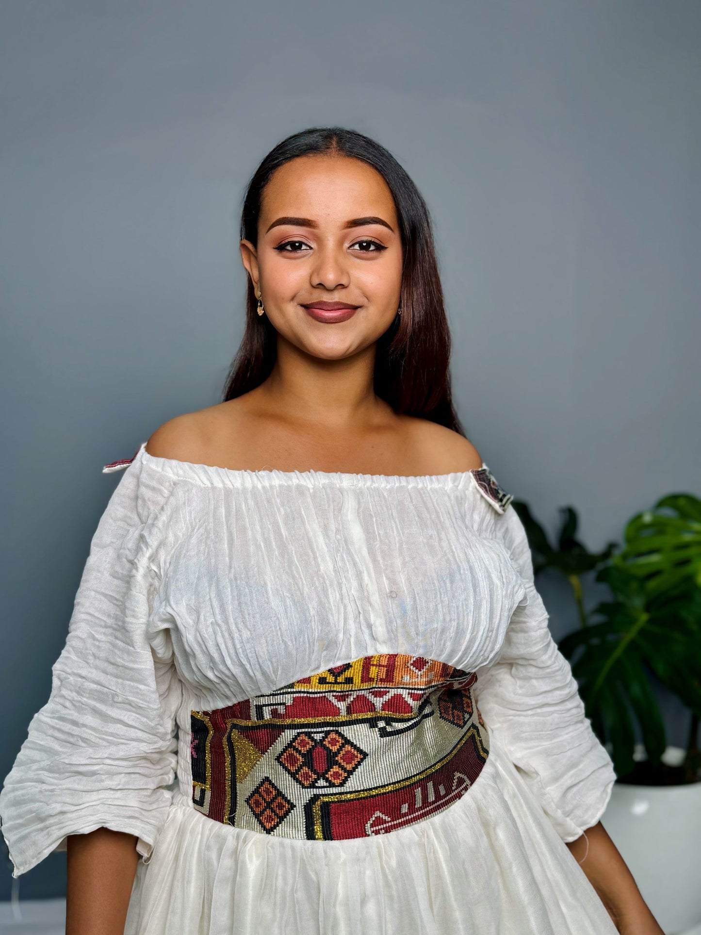 Modern Off-Shoulder Habesha Kemis | Minimalist Ethiopian Dress Hab136