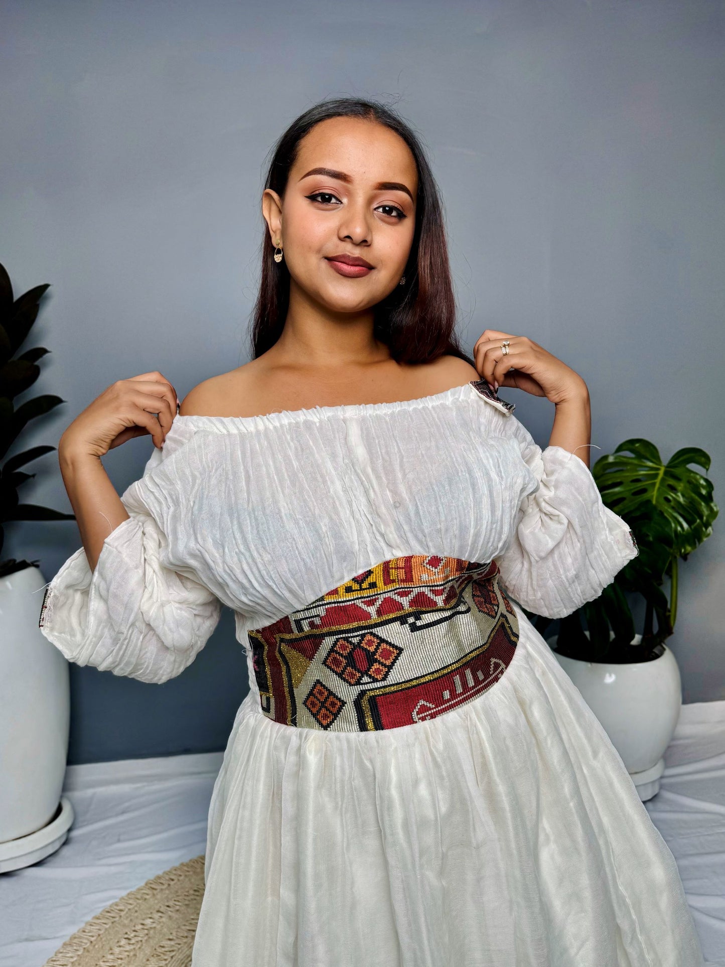 Modern Off-Shoulder Habesha Kemis | Minimalist Ethiopian Dress Hab136