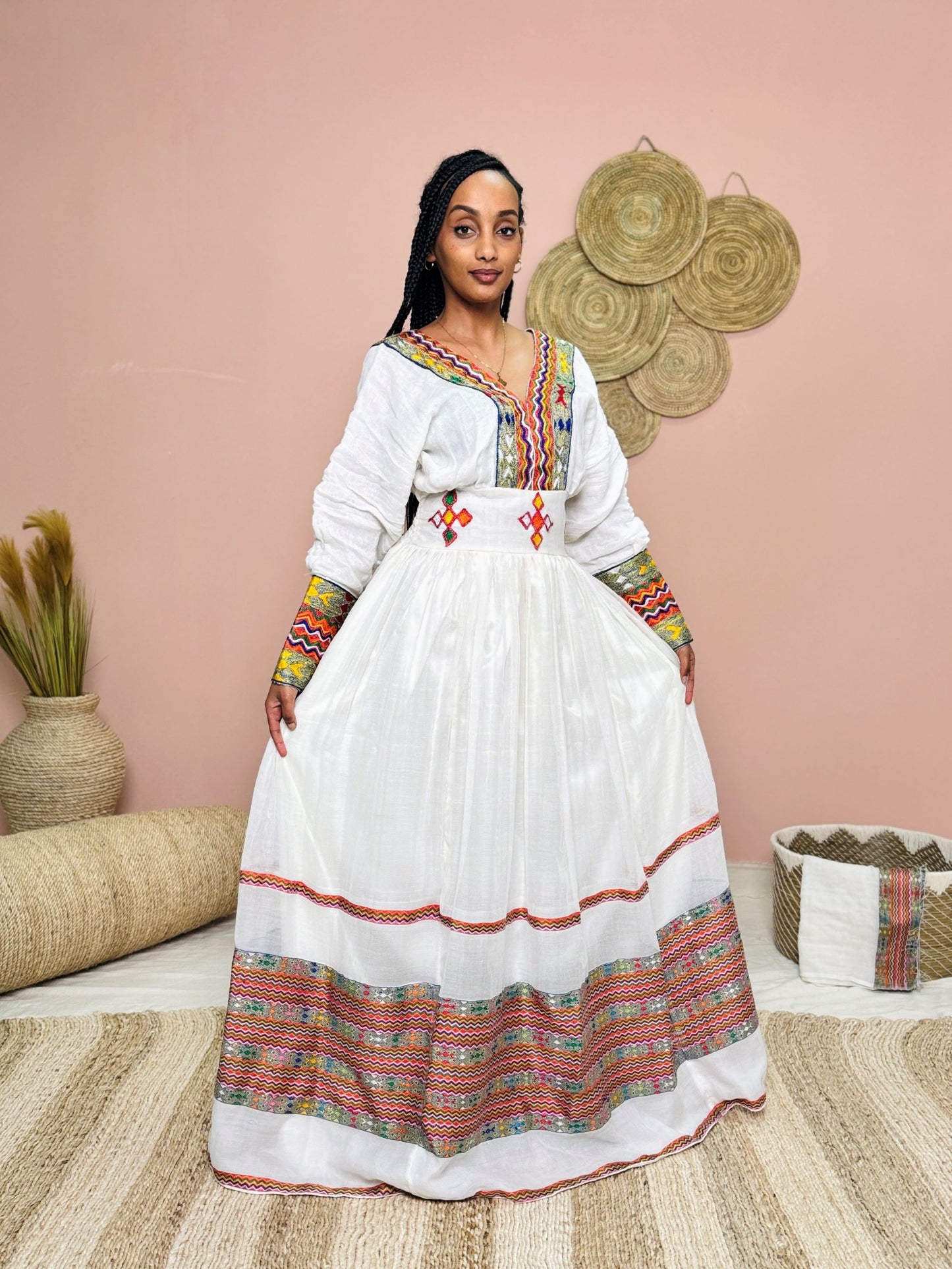 Multicolor Embroidered Habesha Kemis | Ethiopian Traditional Dress | Handcrafted Cultural Elegance Hab139
