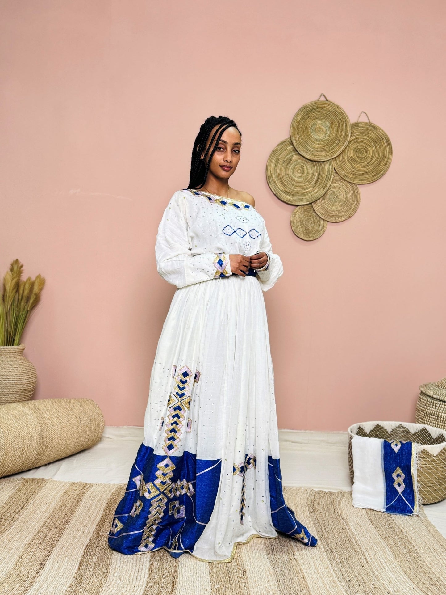 White & Royal Blue Ethiopian Dress | Off-the-Shoulder Handwoven Habesha Kemis | Modern Geometric Embroidery Hab163