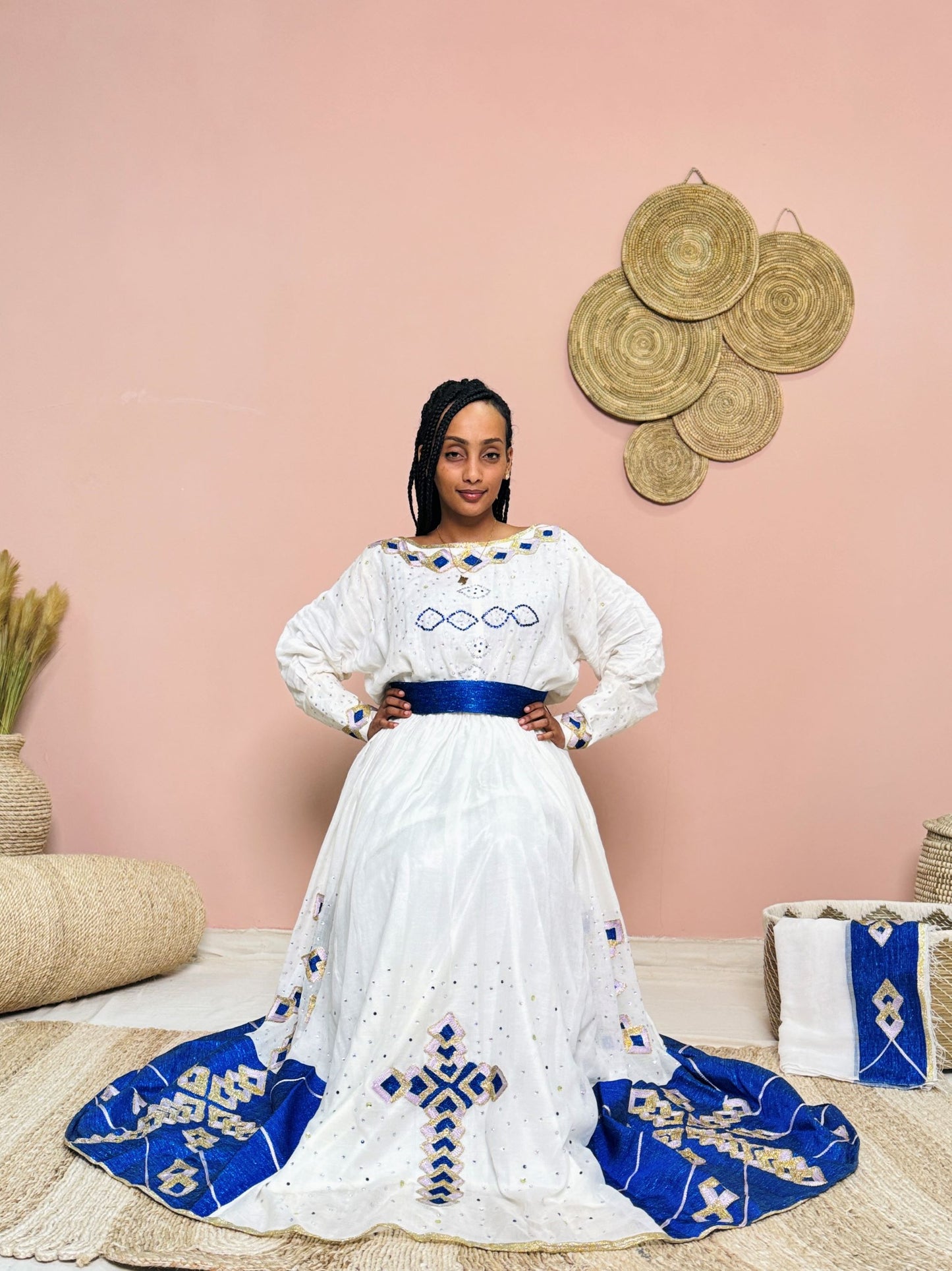 White & Royal Blue Ethiopian Dress | Off-the-Shoulder Handwoven Habesha Kemis | Modern Geometric Embroidery Hab163