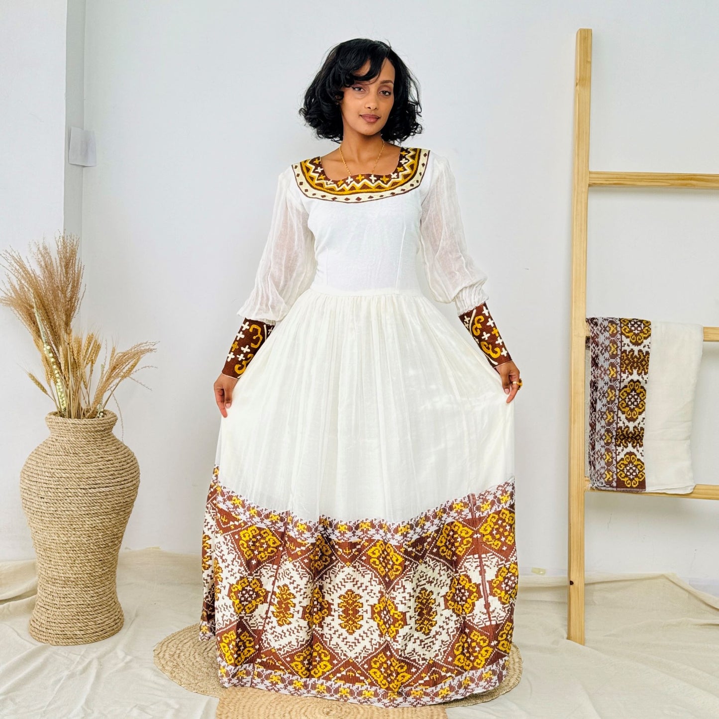 Elegant Ethiopian Handwoven Dress | Rich Brown and Gold Tibeb Embroidery | Timeless & Traditional Habesha Kemis Hab144