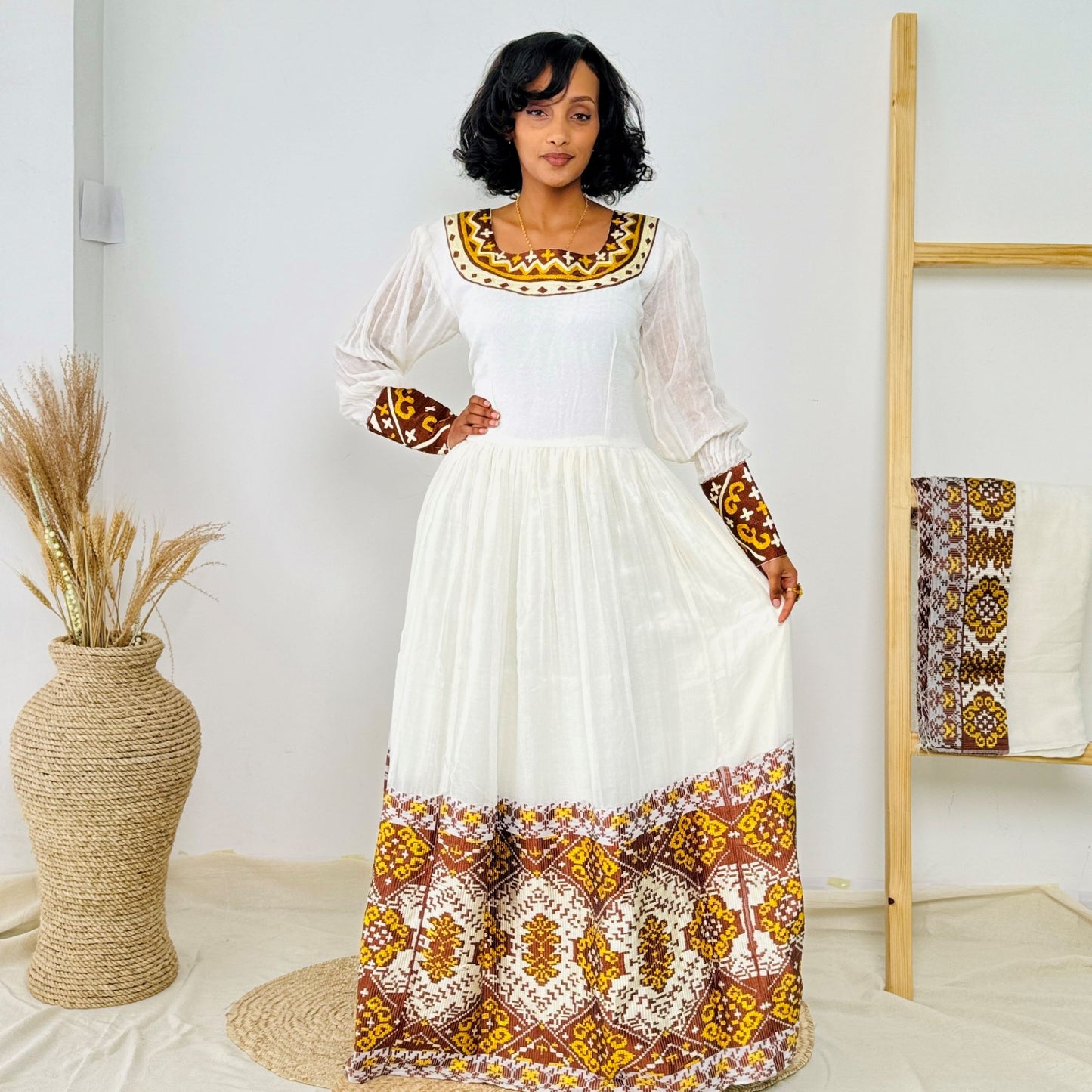 Elegant Ethiopian Handwoven Dress | Rich Brown and Gold Tibeb Embroidery | Timeless & Traditional Habesha Kemis Hab144