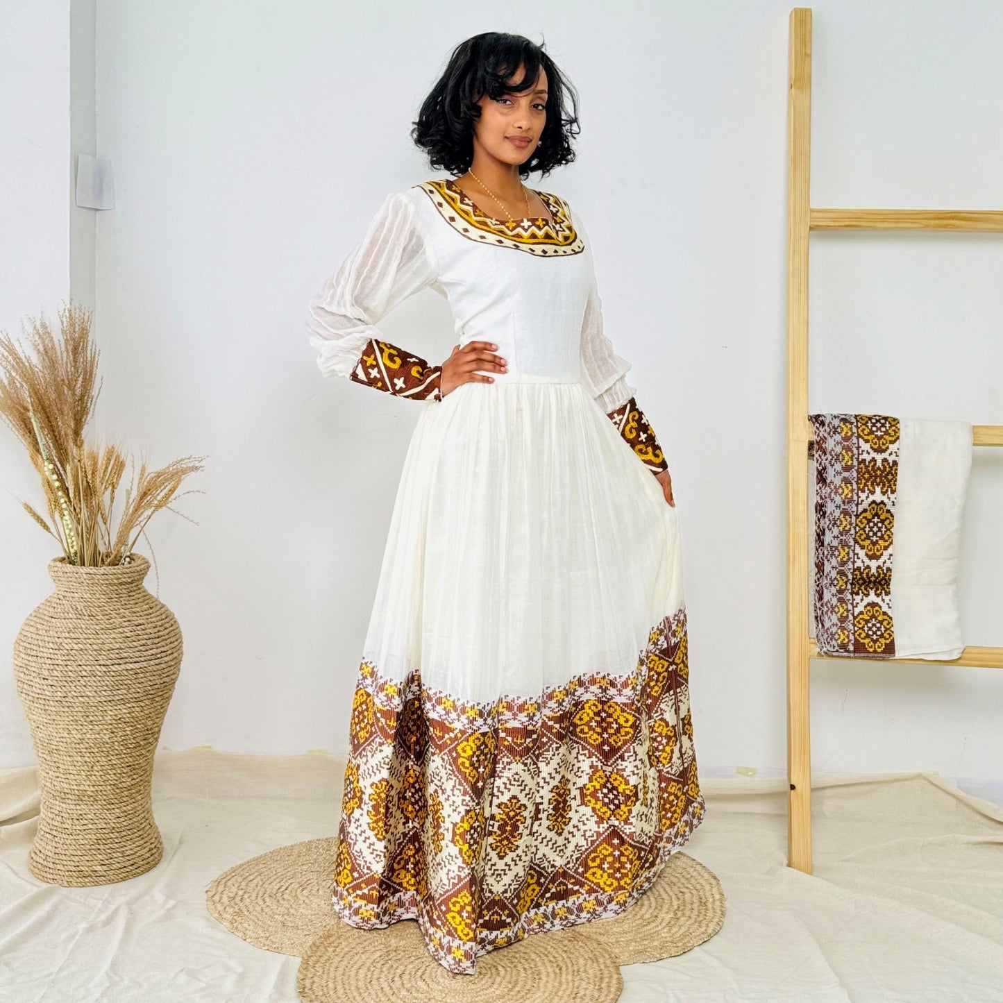Elegant Ethiopian Handwoven Dress | Rich Brown and Gold Tibeb Embroidery | Timeless & Traditional Habesha Kemis Hab144