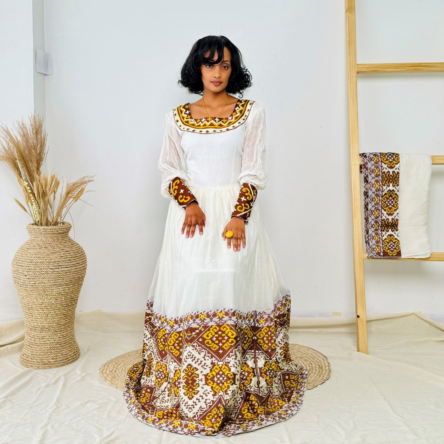 Elegant Ethiopian Handwoven Dress | Rich Brown and Gold Tibeb Embroidery | Timeless & Traditional Habesha Kemis Hab144