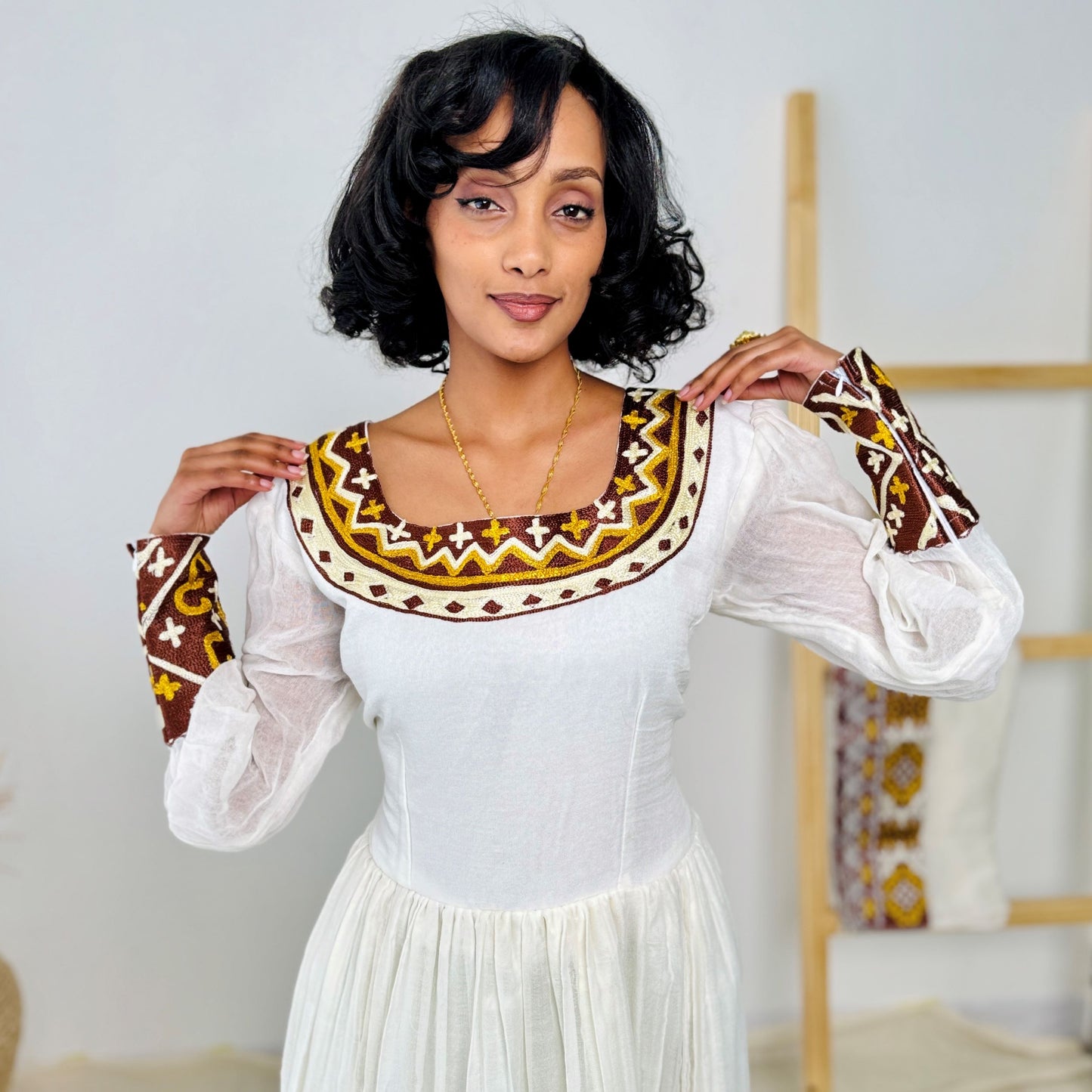 Elegant Ethiopian Handwoven Dress | Rich Brown and Gold Tibeb Embroidery | Timeless & Traditional Habesha Kemis Hab144