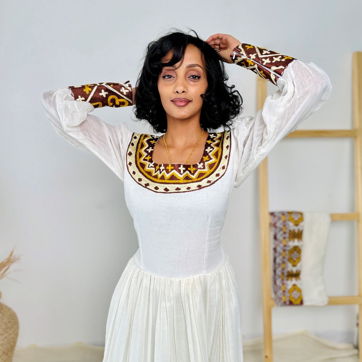 Elegant Ethiopian Handwoven Dress | Rich Brown and Gold Tibeb Embroidery | Timeless & Traditional Habesha Kemis Hab144