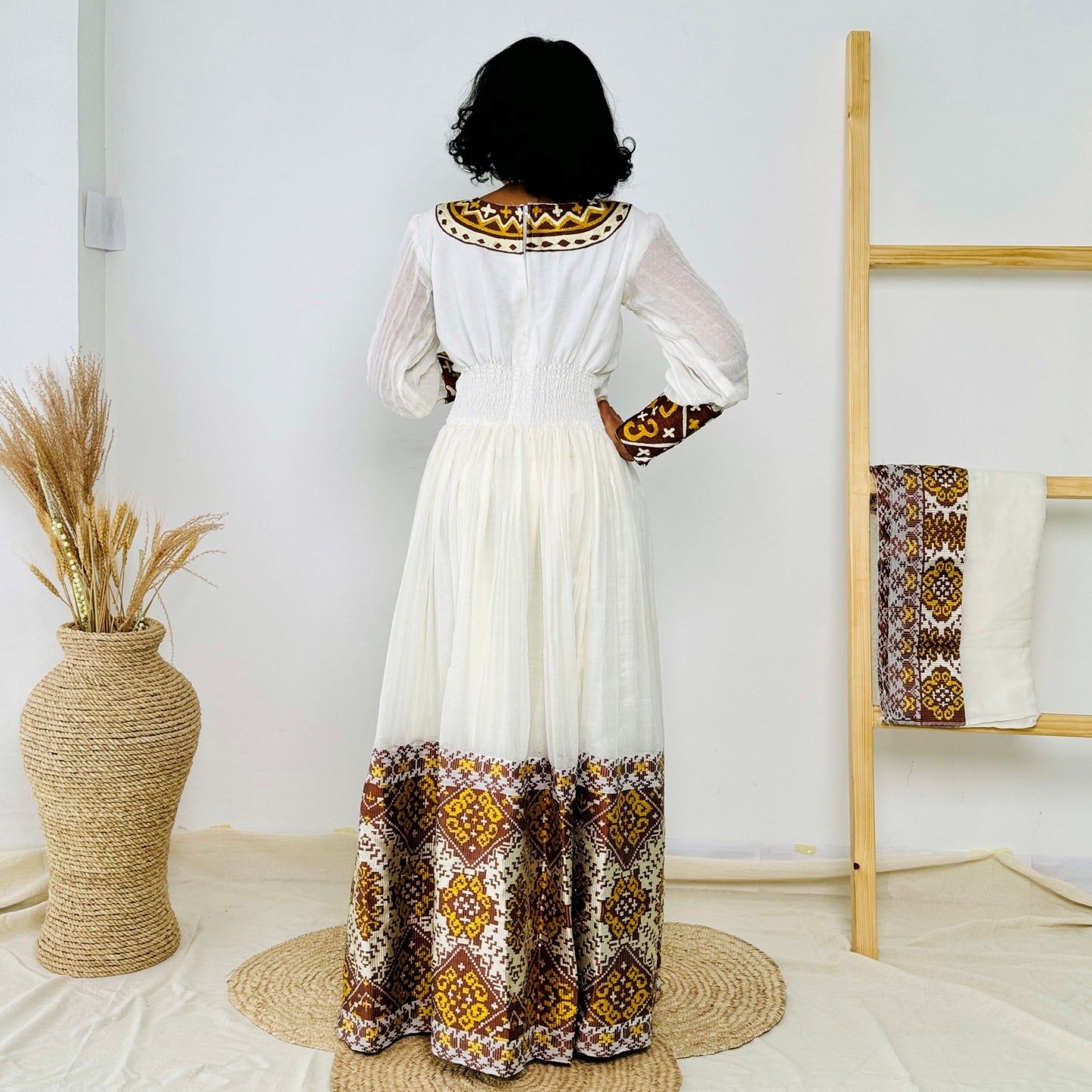 Elegant Ethiopian Handwoven Dress | Rich Brown and Gold Tibeb Embroidery | Timeless & Traditional Habesha Kemis Hab144
