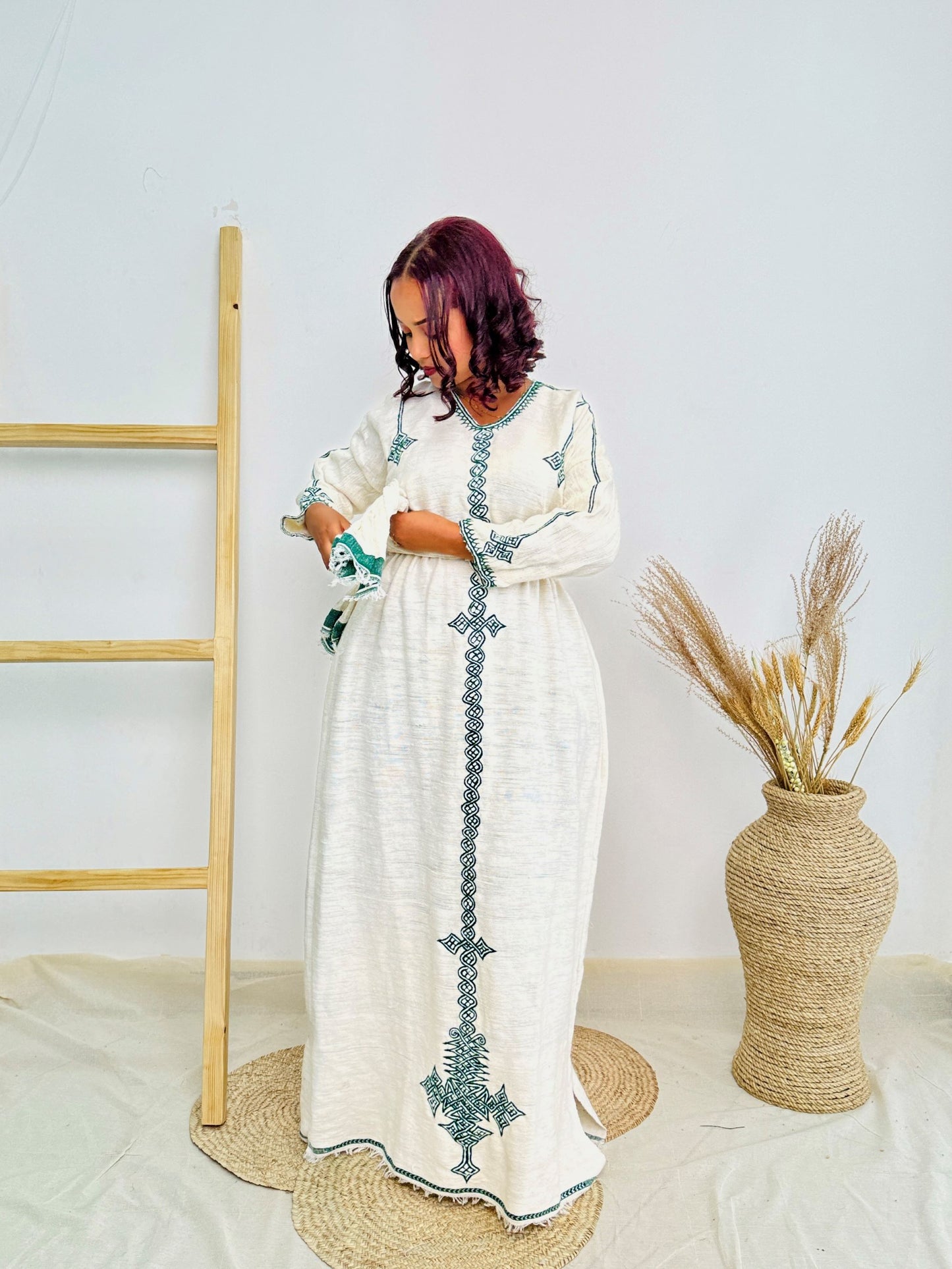 Minimalist Habesha Kemis | Ethiopian Handwoven White Dress | Deep Green Cross Motif & Classic Tibeb Hab209