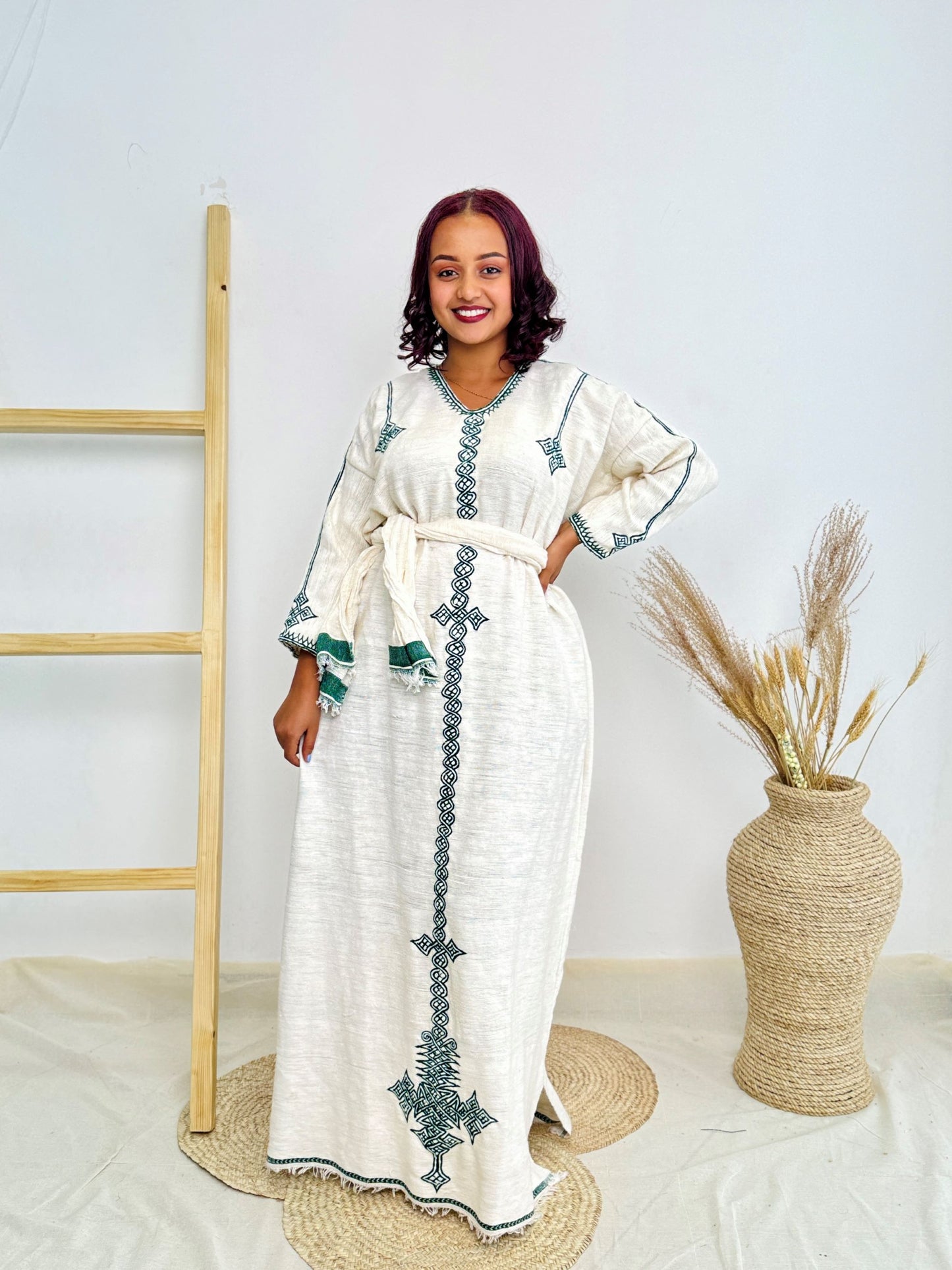 Minimalist Habesha Kemis | Ethiopian Handwoven White Dress | Deep Green Cross Motif & Classic Tibeb Hab209
