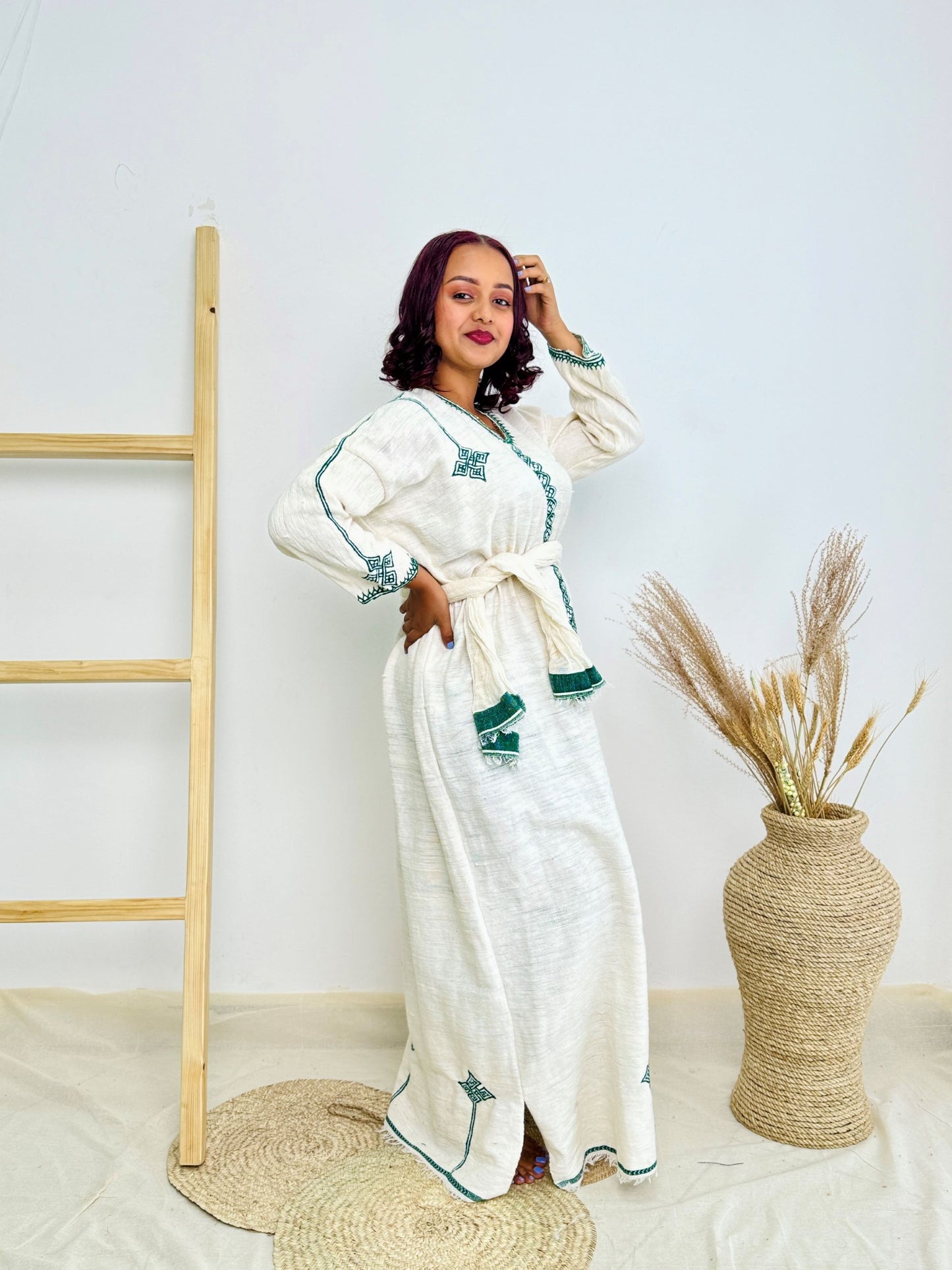 Minimalist Habesha Kemis | Ethiopian Handwoven White Dress | Deep Green Cross Motif & Classic Tibeb Hab209