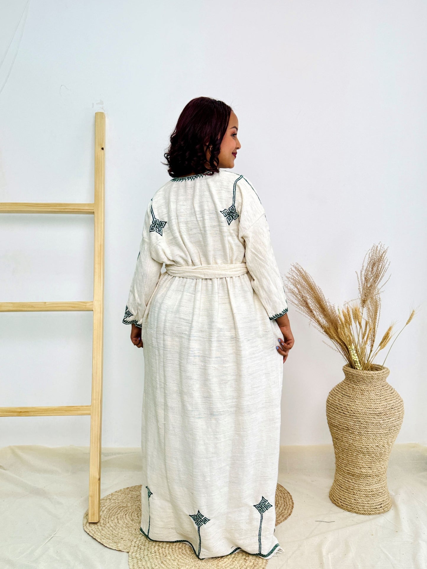 Minimalist Habesha Kemis | Ethiopian Handwoven White Dress | Deep Green Cross Motif & Classic Tibeb Hab209
