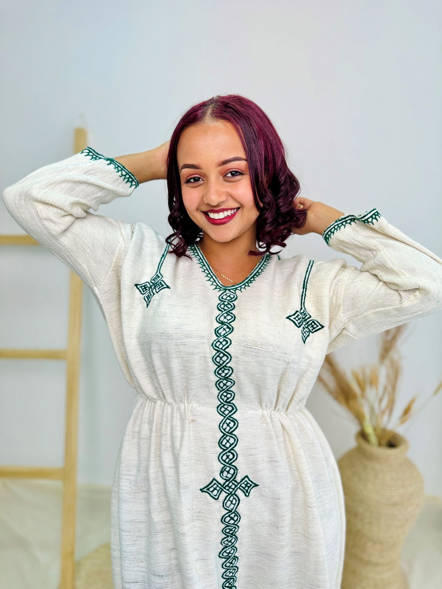 Ethiopian Handwoven White Dress | Deep Green Cross Motif & Classic Tibeb | Minimalist Habesha Kemis Hab209