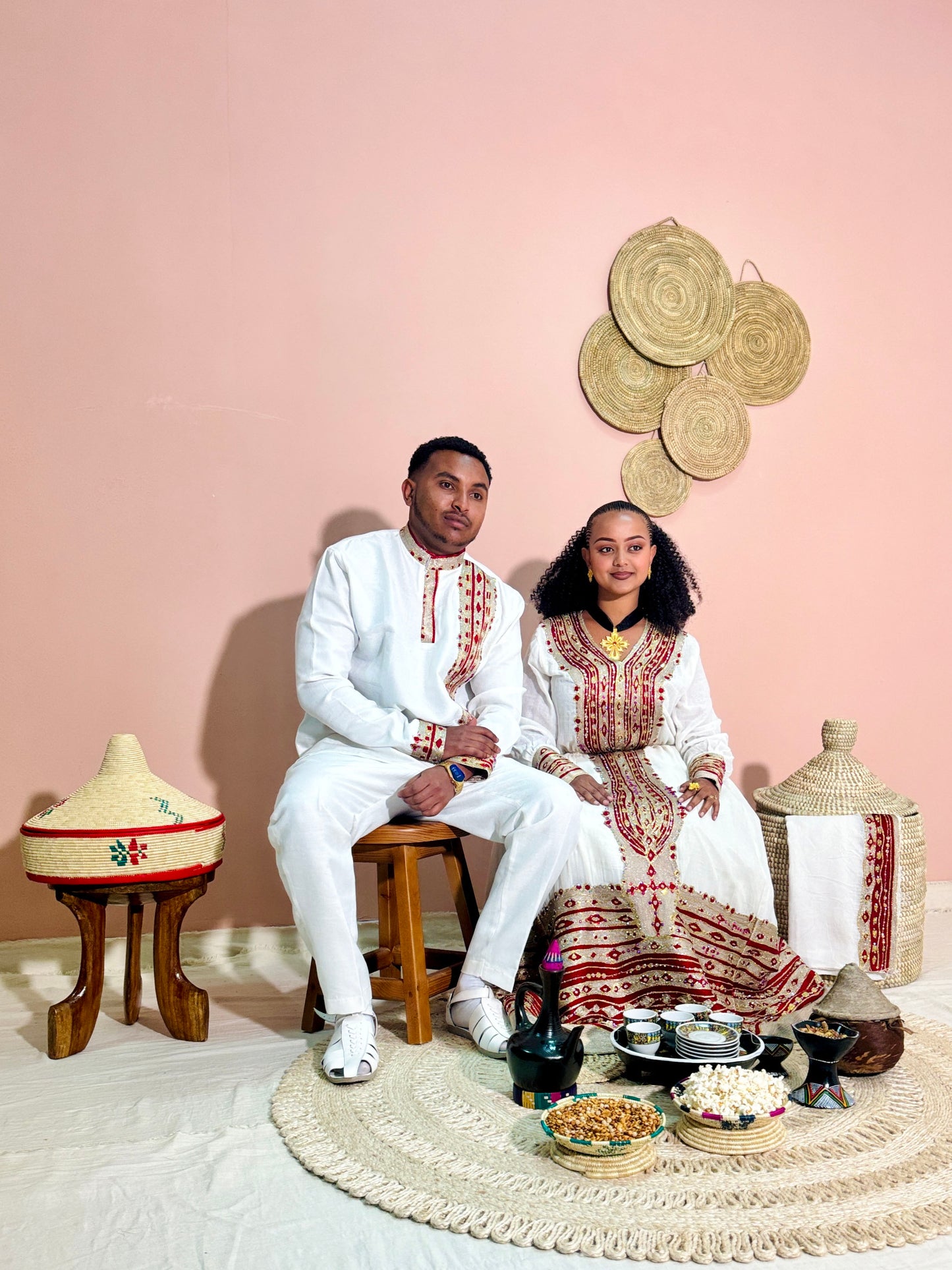 Ethiopian Couples Outfit | Red and Gold Beaded Design | Perfect for Celebrating | Habesha Wedding outfit | Handwoven Ethiopian Dress Hab83
