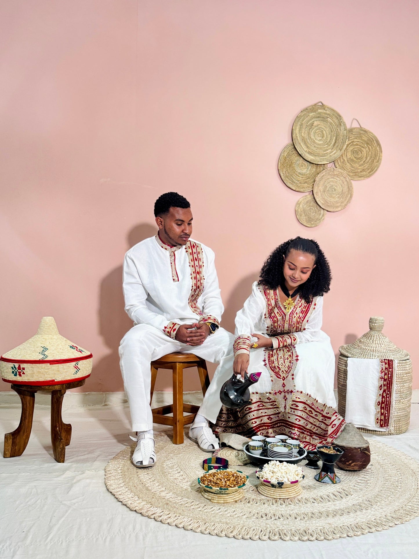 Ethiopian Couples Outfit | Red and Gold Beaded Design | Perfect for Celebrating | Habesha Wedding outfit | Handwoven Ethiopian Dress Hab83