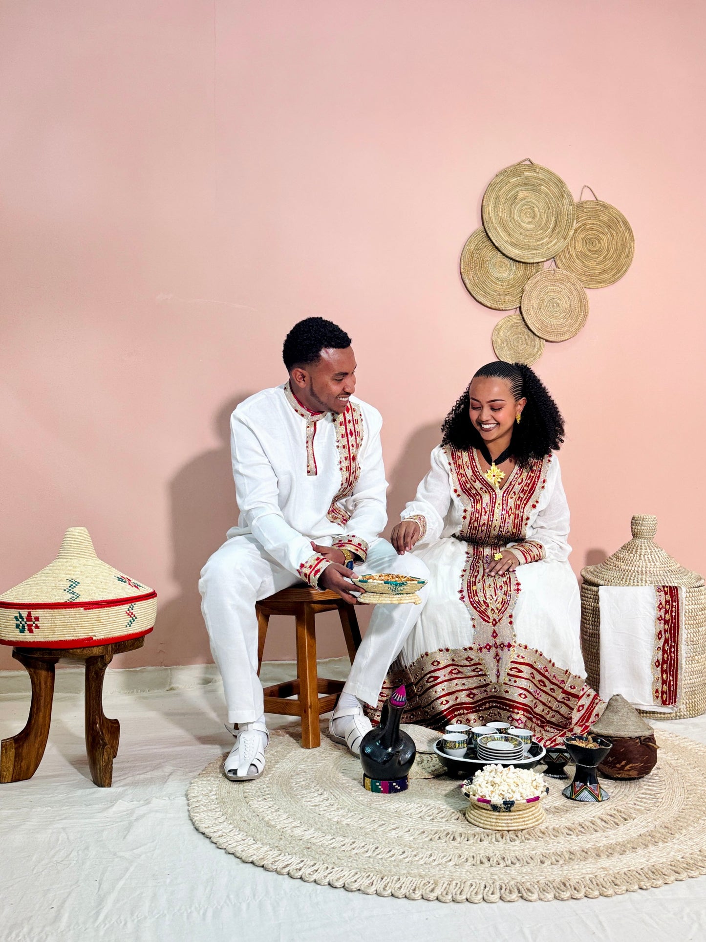Ethiopian Couples Outfit | Red and Gold Beaded Design | Perfect for Celebrating | Habesha Wedding outfit | Handwoven Ethiopian Dress Hab83