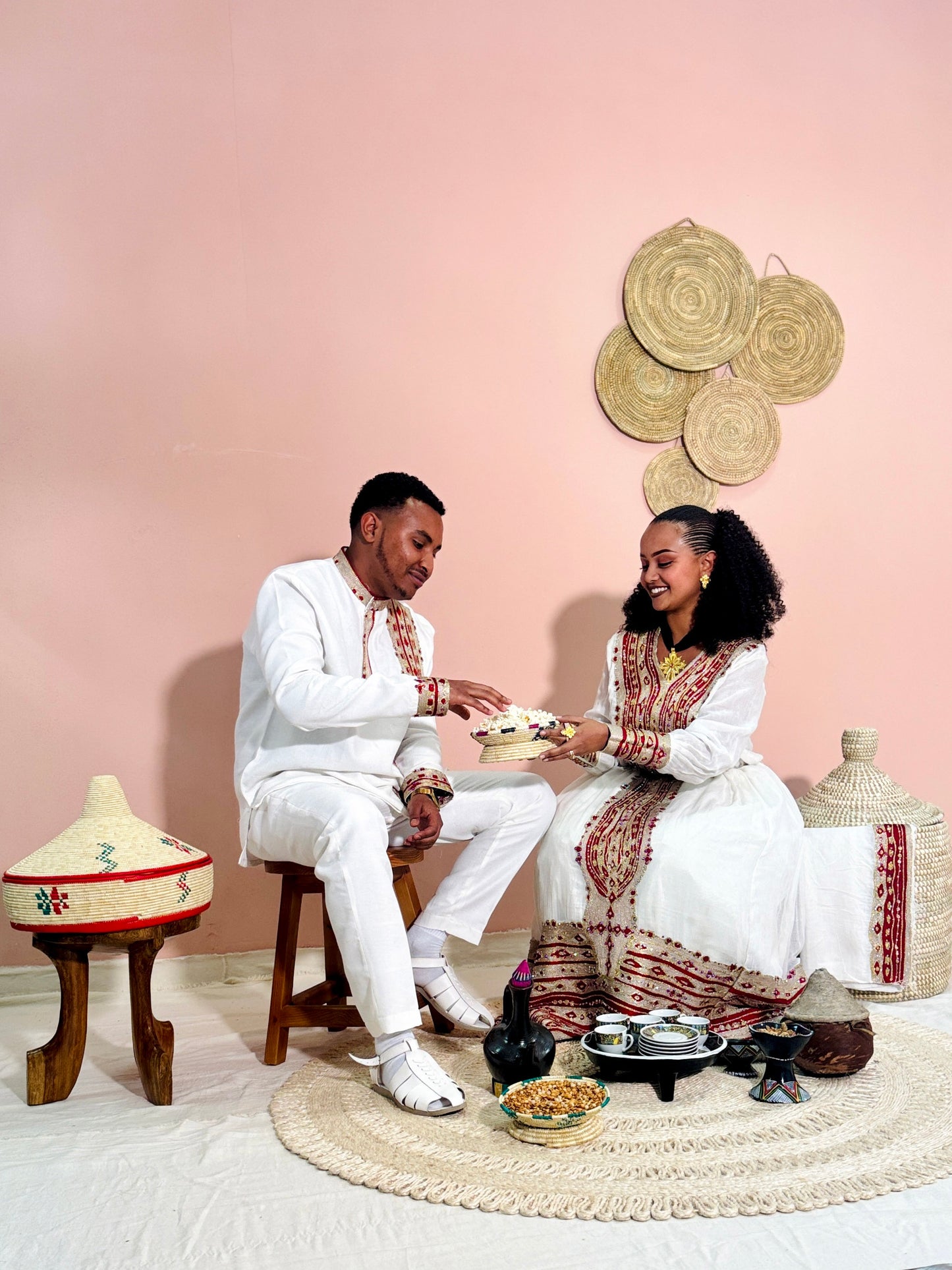 Ethiopian Couples Outfit | Red and Gold Beaded Design | Perfect for Celebrating | Habesha Wedding outfit | Handwoven Ethiopian Dress Hab83