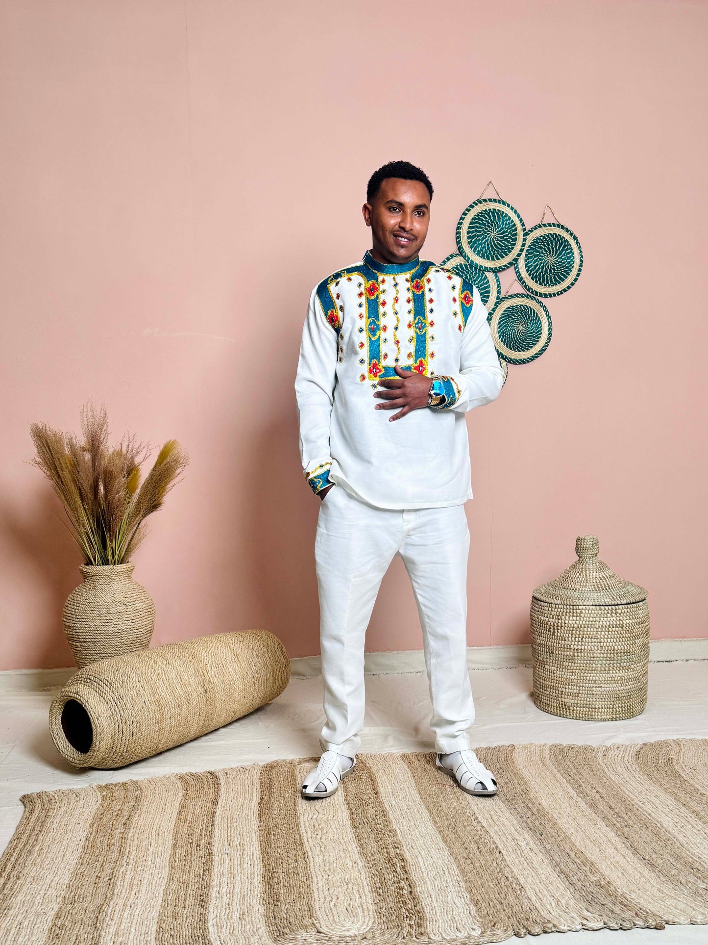 Couples Wedding Attire | Blue Embroidery | Ethiopian Craftsmanship| Habesha Wedding Dress | Handwoven Ethiopian Dress Hab82
