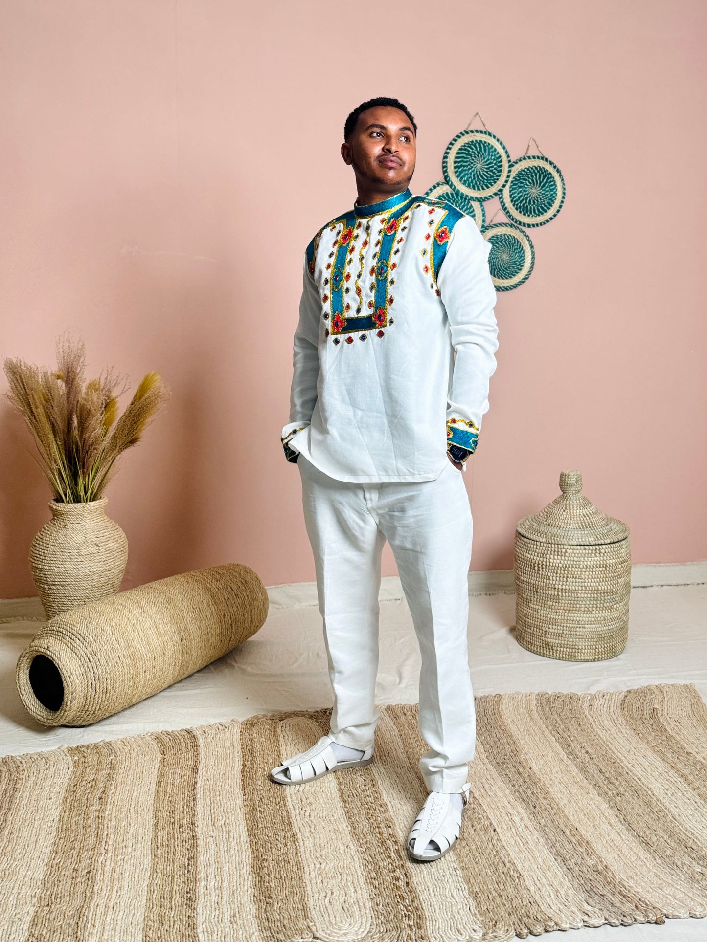 Couples Wedding Attire | Blue Embroidery | Ethiopian Craftsmanship| Habesha Wedding Dress | Handwoven Ethiopian Dress Hab82